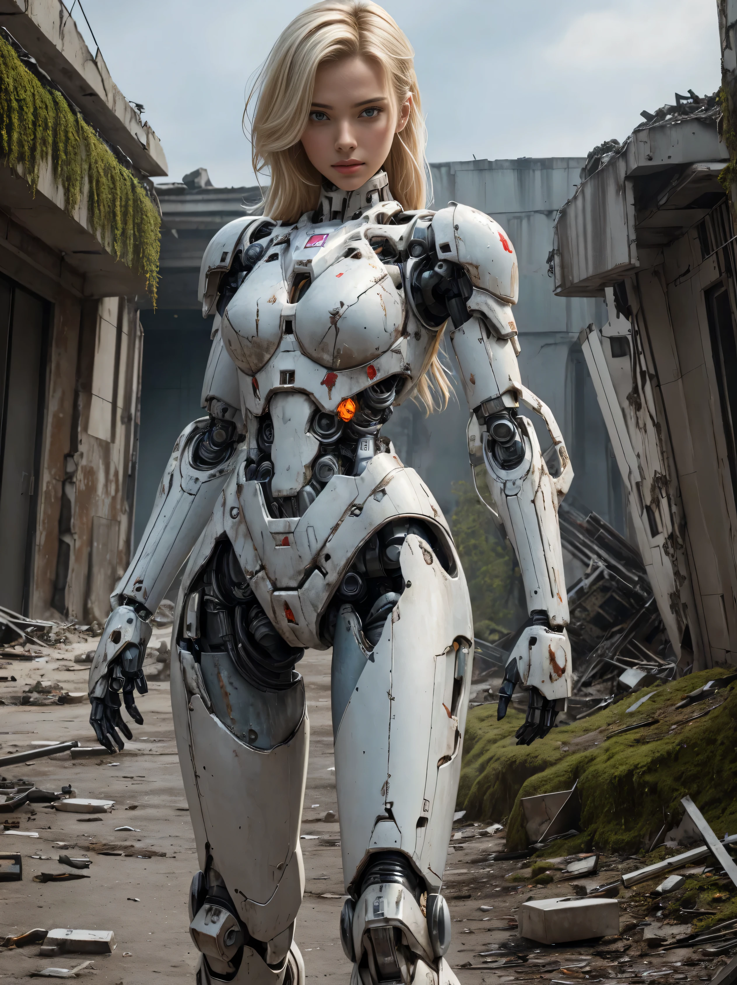 ((masterpiece, highest quality, Highest image quality, High resolution, photorealistic, Raw photo, 8K)), Abandoned robot soldier on battlefield, broken and immobile, rust and moss showing passage of time, female cyborg body, Blonde, female body, biomechanical , extra detailed body, blowjob white mech, white biomechanical details, detailed body, shiny white armor, cybernetic body, eva unit-00 on back, full body details, destroyed city in the background