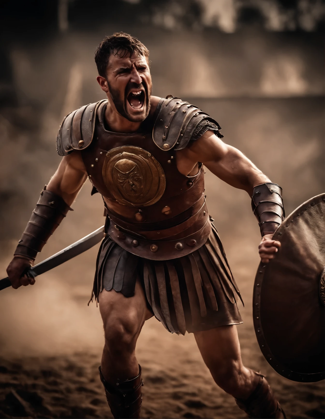 Photorealistic cinematic a roman gladiator yelling up fighting in combat ultra detailed, ultra realistic