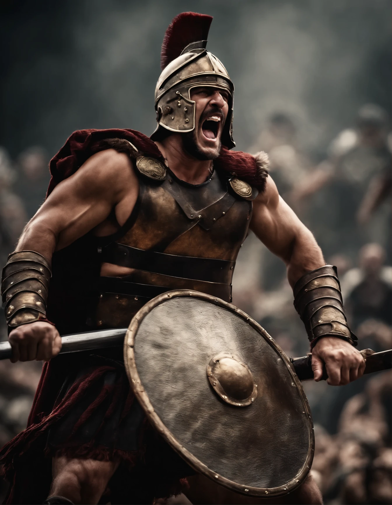 Photorealistic cinematic a roman gladiator yelling up fighting in combat   ultra detailed, ultra realistic