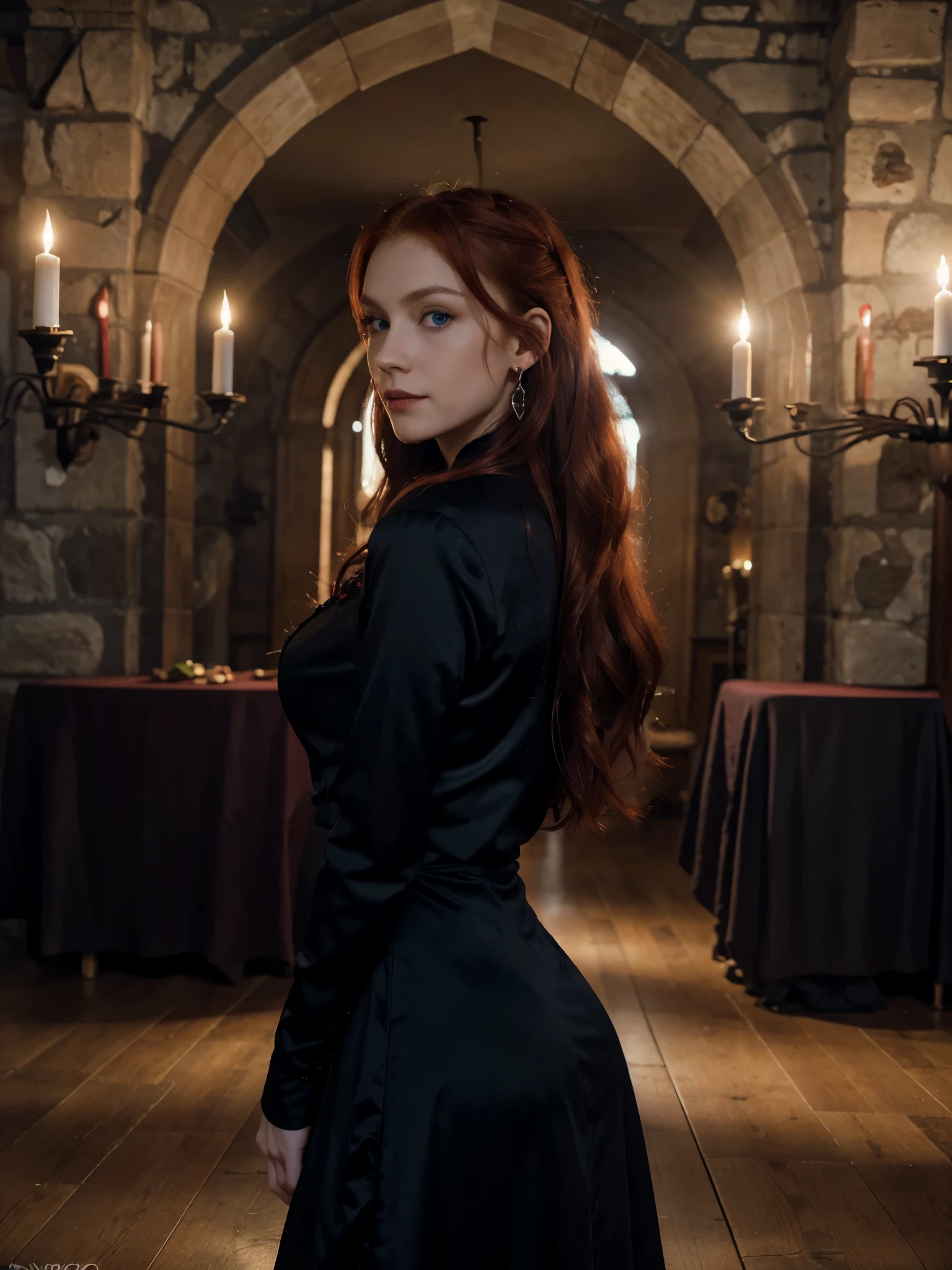 8k, RAW photo, best quality, ultra high resolution, (photorealistic), realistic photo of skinny european redhead girl dracula, dracula girl, (skinny redhead girl, slim face, blue eyes, red hair, wavy hair), in the castle, candles, coffin, (full body portrait), photo from the side, sexy pose, wearing black dracula dress, black dracula dress, vampire, wearing big earrings, (earrings), looking at viewer, smirking, (extremely detailed CG unity 8k wallpaper), Sharp focus, (bright light)