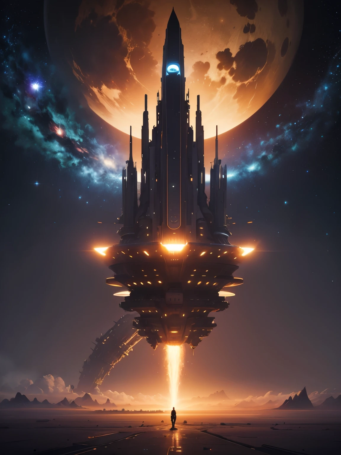 "(best quality,highres,ultra-detailed:1.2),gigantic spaceship,sci-fi,starship,interstellar travel,space exploration,advanced technology,massive structure,futuristic design,metallic surface,sleek and streamlined,glowing lights,extraterrestrial,majestic presence,otherworldly,expansive view,galaxy background,stunning visual effects,vivid colors,grand scale,awe-inspiring,impressive engineering,cosmic adventure"