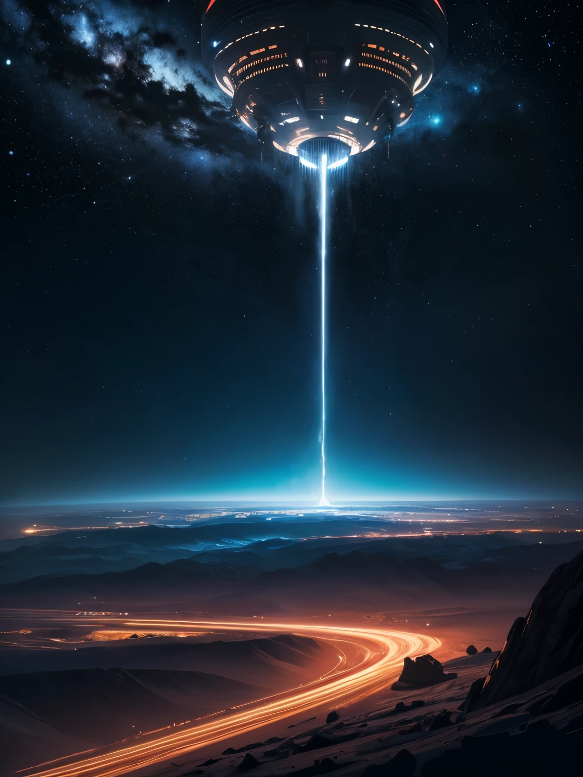 "(best quality,highres,ultra-detailed:1.2),gigantic spaceship,sci-fi,starship,interstellar travel,space exploration,advanced technology,massive structure,futuristic design,metallic surface,sleek and streamlined,glowing lights,extraterrestrial,majestic presence,otherworldly,expansive view,galaxy background,stunning visual effects,vivid colors,grand scale,awe-inspiring,impressive engineering,cosmic adventure"