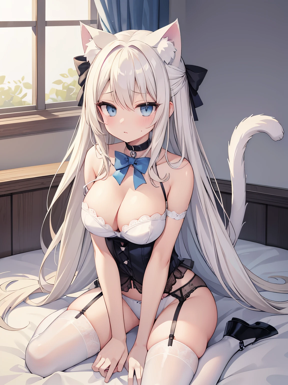 Top quality, super high resolution, beautiful eyes, platinum_blonde_hair, cat ears (platinum blonde), cat tail (platinum blonde),garter_straps garter_belt, thighhighs, cleavage, {{{underwear only}}}, {{{bow bra(blue)}}},{{{bow panties(blue)}}}, a choker, {embarrassed},on bed,wariza,yokozuwari,hand between legs,sitting,