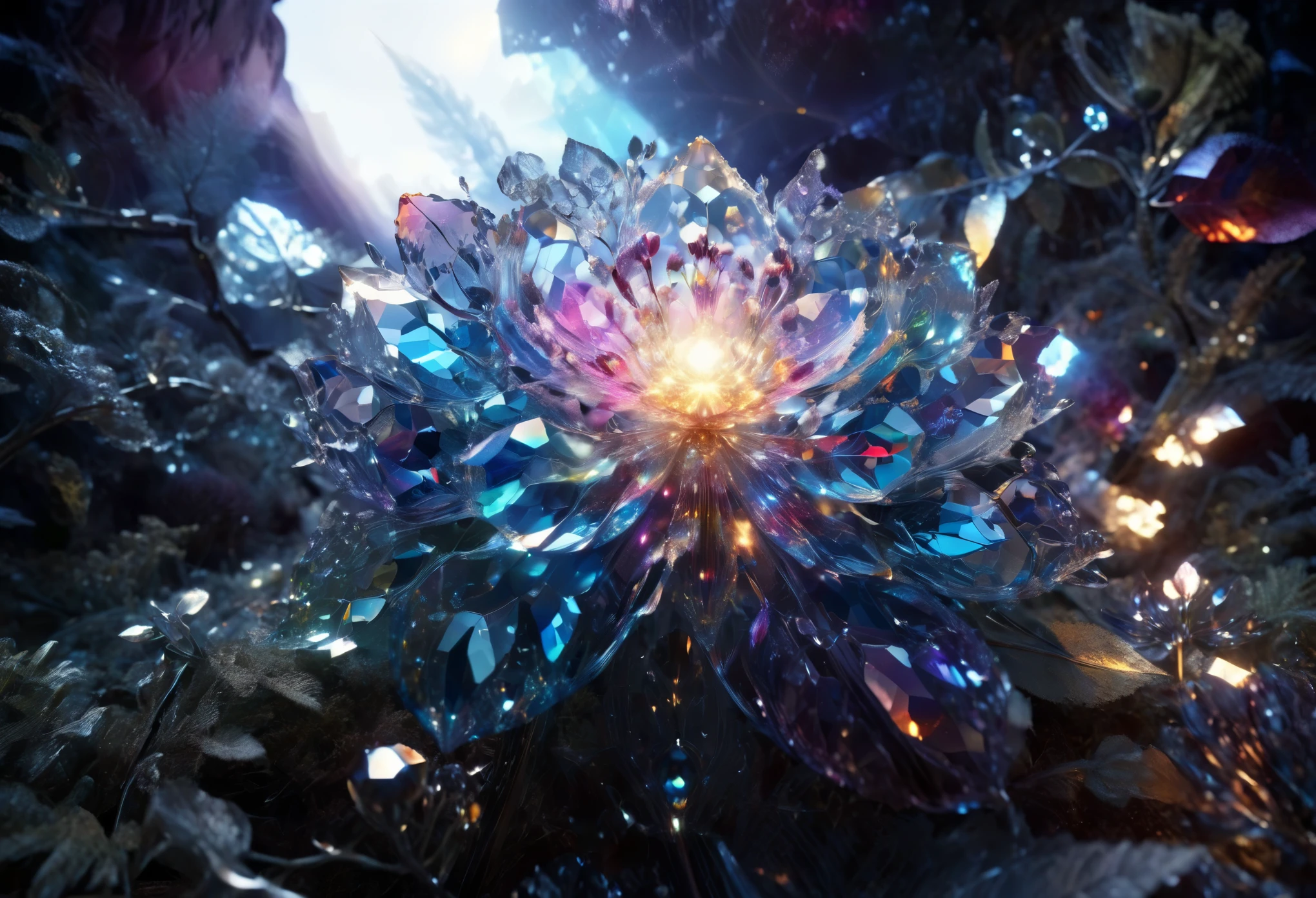 there is a very large flower that is surrounded by many crystals, highly detailed digital art, made of crystalized synapse, shards and fractal of infinity, shimmer with an iridescent glow, intricate digital painting, fractal crystal, amazing depth, beautiful digital artwork, 4d mandelbulb psychedelics, elaborate digital art, advanced digital visionary art, breathtaking digital art, (one has to wonder where our reality begins and ends and absolute abstraction of the human soul leaving the viewer feel ultimately helpless:0.5), neon glow edges, backlit, hyper-articulated, tilt-shift effect, bokeh, nighttime, rich shadows, intricately detailed, rim lighting, sun flare behind casts a spectral glow, reflective surfaces, 3d shadowing, mesmerizing dance of light and shadow, beautifully detailed hyperrealistic illustration, bold complimentary colors, amazing depth, quantum particles, digital visionary artstyle, highly detailed dynamic background, compositional leading lines, hyperrealistic, photorealistic, hyperdetailed, award winning masterpiece, Best Quality, Max Quality, Top Quality, Extra Quality, 32k 16k 8k Ultra HD, Highres, Absurdres, HDR, Unreal Engine 5, Octane Render, ARRI ALEXA 65 Photography, Prime Lens, Circular Polarizer, Split Diopter, Ultra Sharp Studio Focus, Crystal Clear Infinity Focus, DSLR, RAW, Sharpened Focus Stacking, Layered Detailing, Displacement Mapping, Path Tracing, Photon Mapping, V-Ray, Hardware Ray Tracing with Lumen Global Illumination, Lumen Shadows and Reflections, Ray Tracing Ambient Occlusion, Subsurface Scattering, Lumen Scene Detail with Detail Tracing, Fine Details, Lush Details, Intricate Details, Max Details, Best Details, Top Details, Extra Details, Max Detailing, Best Detailing, Top Detailing, Extra Detailed, Complex Detailing, Egypician Detail, Tone Mapped, Defined Edges with Anti-Aliasing, DLAA, DLSS, RTX, Perfect and Immaculate Composition, Postprocessing, Postproduction, CMYK colors, High Contrast, Diffraction Grading