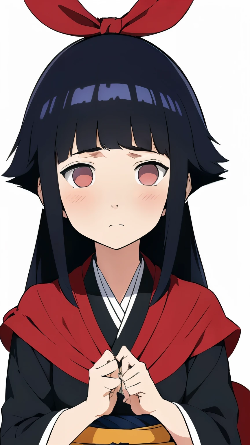 Estilo anime , beautiful girl young , very long black hair, estilo Hyuuga , rosto inexpressivo , shi body , seios planos tradicional kimono , puppet appearance . Beautiful
