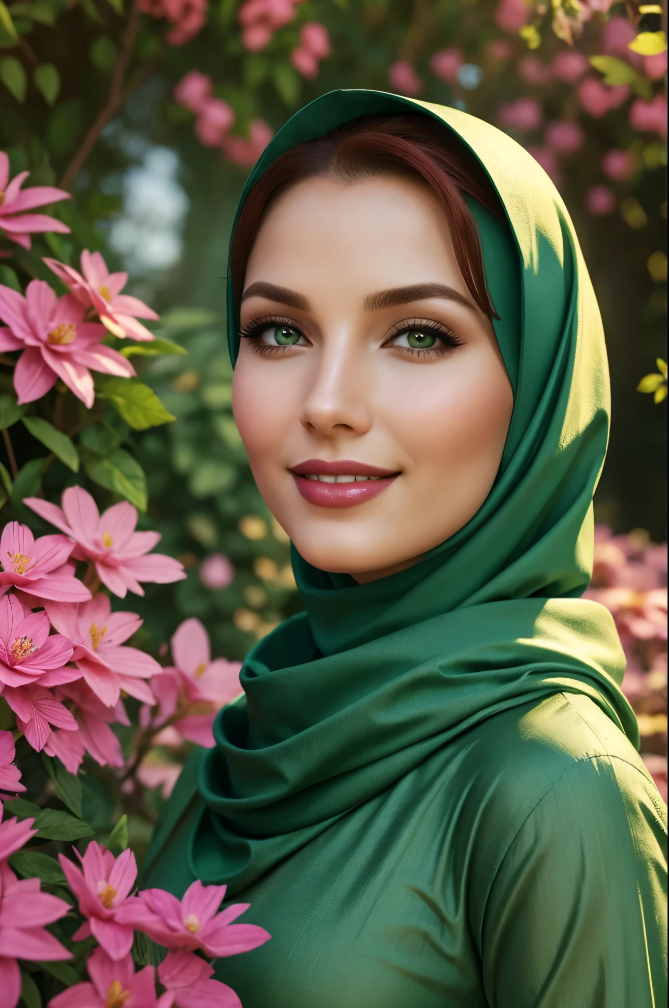 Triss Merigold face, detailed beautiful eyes, full red lips, extremely detailed facial features, long eyelashes, outdoor sunny day, warm sunlight, soft shadows, picturesque garden, vibrant plants and flowers, colorful butterflies, tranquil atmosphere, realistic portrait, high-resolution masterpiece:1.2, vivid colors, fine brushstrokes, natural skin tones, pink lips, green eyes,warm smile, wearing islamic hijab, radiant complexion, professional lighting, wearing long shirt with scarf, dreamy ambiance, photorealistic rendering.
