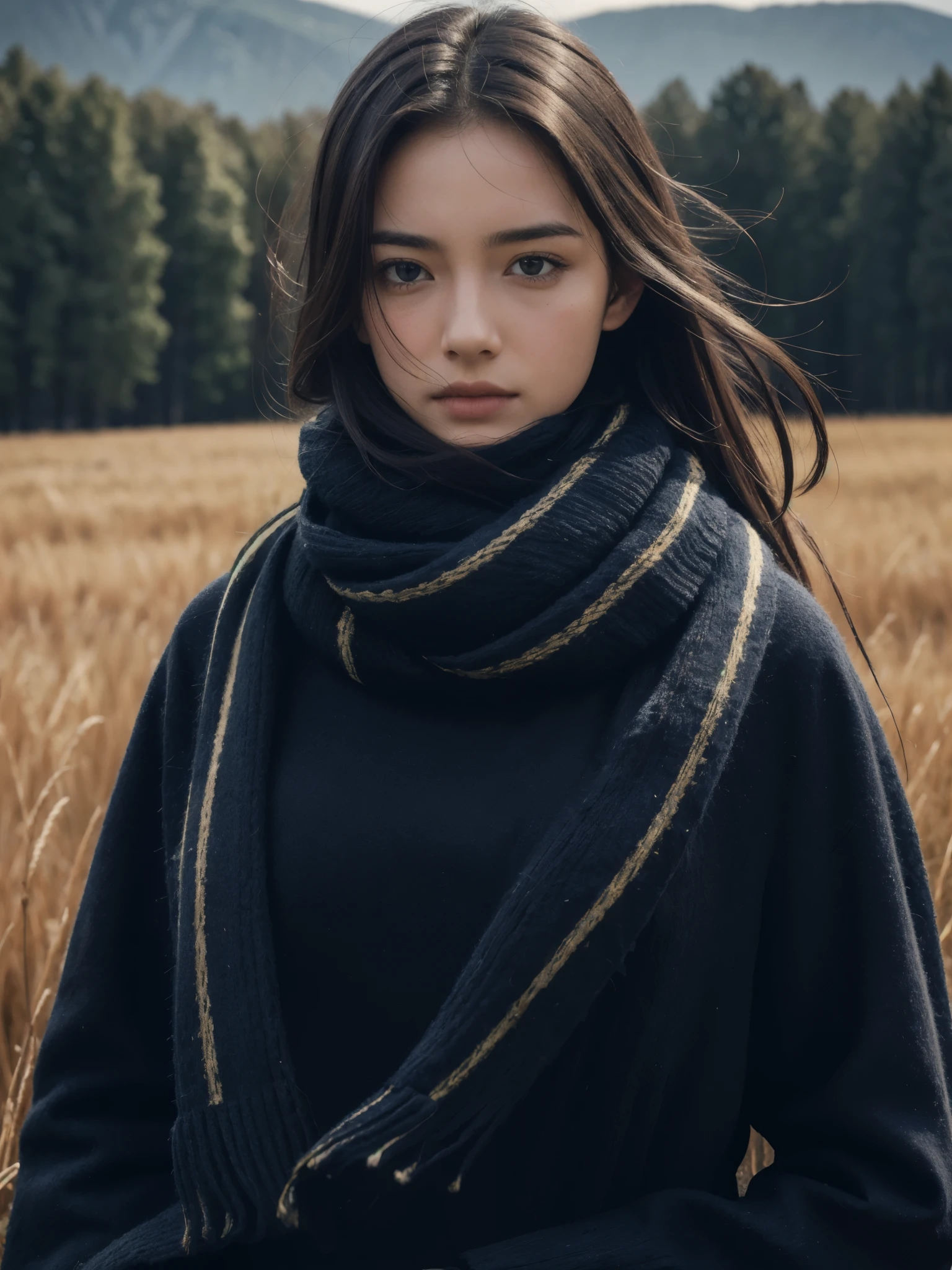 8k, best quality, masterpiece, realistic, ultra detail, photo realistic, Increase quality,
a photo of a girl standing in a field with a scarf, in the style of dark and brooding designer, voluminous mass, photobash, serene faces, jagged edges, navy, natural beauty, close-up shot