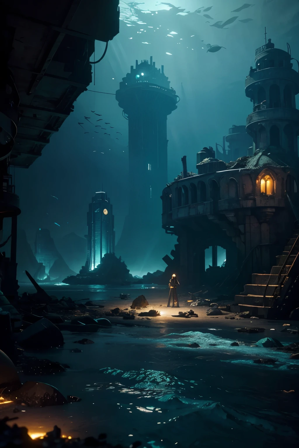 under the sea, city below the ocean, many sea creatures around the ocean, ruined buildings, scattered debris, glowing relics in the middle of the water, cyberpunk ocean, magical ocean, scene, game, mysterious, cinematic, fantastic, atlantis, mysterious luminescence, lovecraftian, dungeons and dragons, rpg, a4 resolution