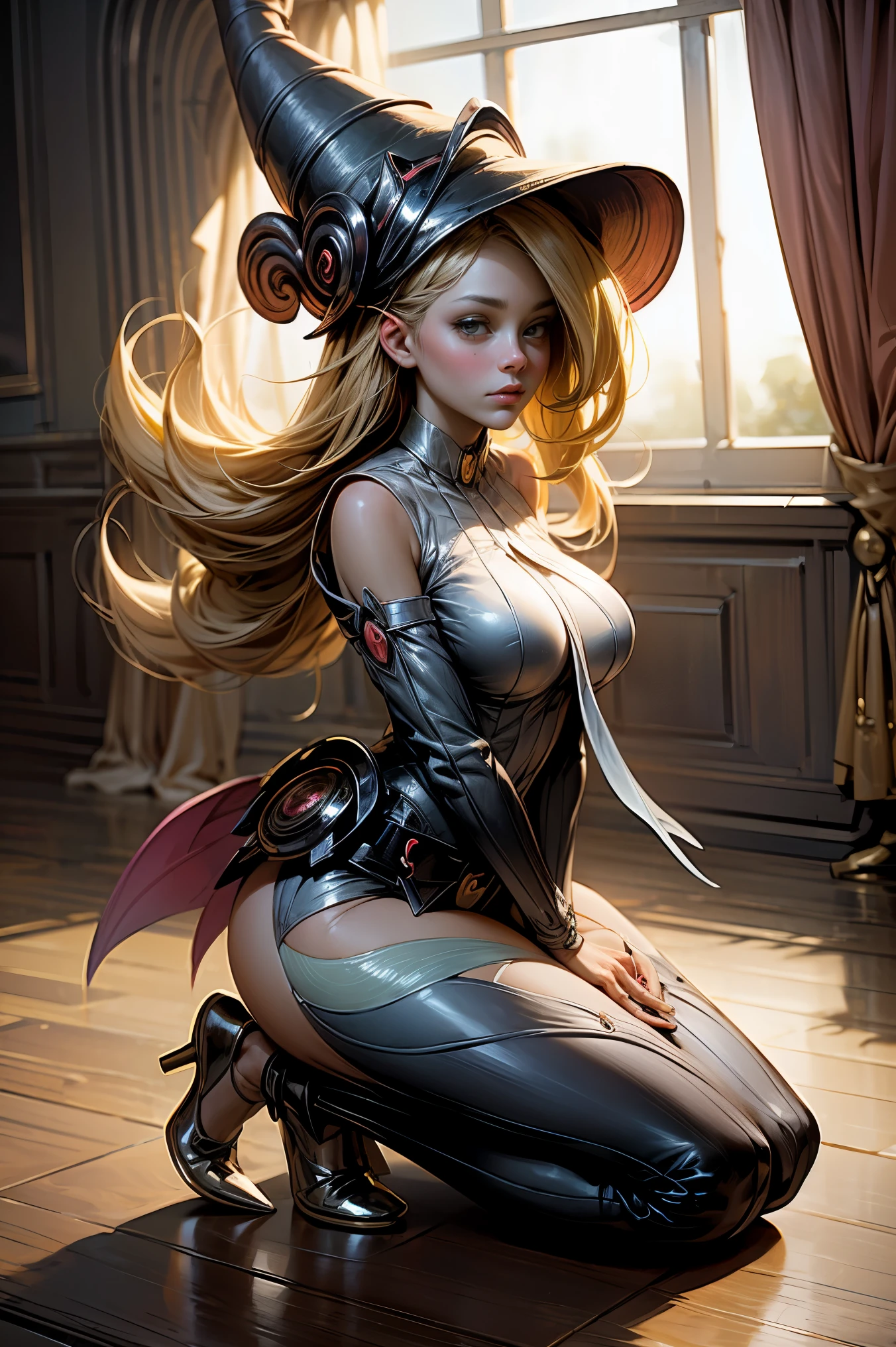 (obra maestra:1.2), (La mejor calidad:1.2), perfect lighting, Chica Maga Oscura lanzando un hechizo, en batalla. flotando en el aire, tetas medianas visibles, escote transparente, bata azul, sombrero grande, desde arriba, Destellos, Yugioh juego, The magic of the heart. LIGHTS OF THE HEART, Romantic heart. Ella usa tacones dorados. En tacones. Tacones