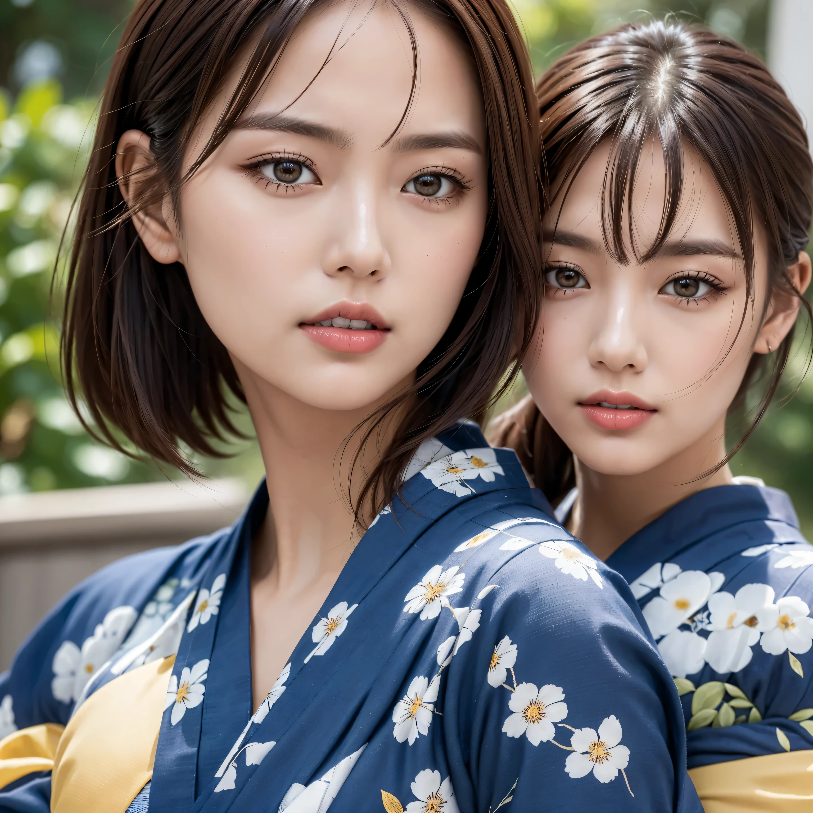 ((portrait)), (Highest resolution),(the most absurd quality),(masterpiece),(sharp focus),(最high quality),(photorealistic),(hyper realistic), (1girl:1.37),  supermodel, high school girl, japanese girl, ((The background is a townhouse in Kyoto:1.15)), ((stand:1.37)), close up of face, nose focus, Depth of the bounds written, (((flower pattern yukata:1.37))), ((put a lemon on your cheek)), (Improvement of quality:1.4), (bright colors), (very beautiful facial details), (highest qualityのリアルな質感の肌:1.4), (perfect anatomy:1.2), stand facing forward, precise fingers, Super detailed, symmetrical eyes, look up at the audience, my cheeks are red, natural makeup, red lipstick, ((A good eye for quality:1.2)), (tired, sleepy and satisfied:0.0), (fine lips:1.33), (fine nose:1.2), ((Physically based rendering of the background:1.37)), (slender body), (flat chest:1.2), (slim lower body), brown hair, (medium hair:1.37), pout, Soft blue light hits your face and body, epic and emotional movie lighting,