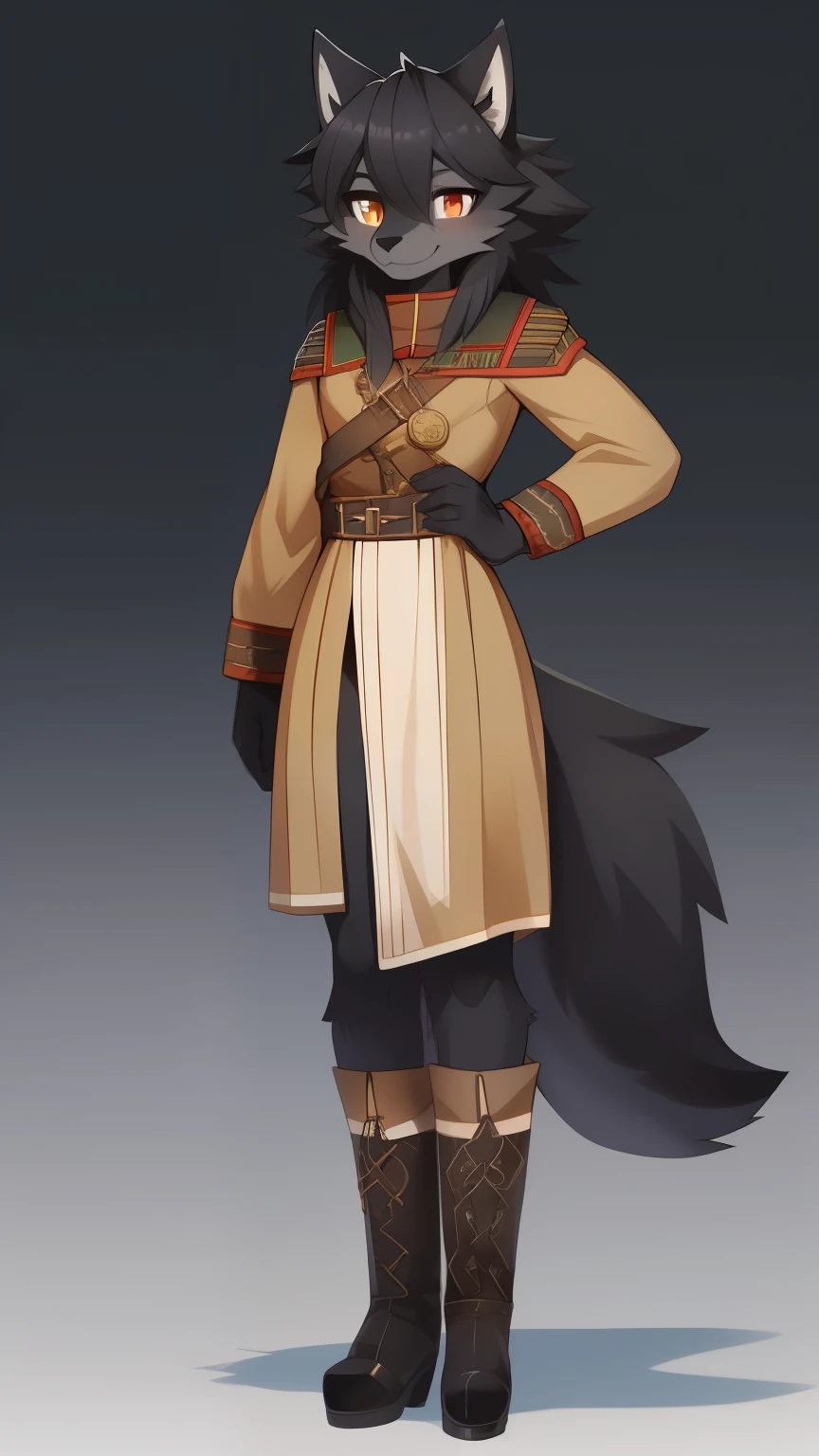 Best quality, Super detailed illustration, (furry wolf boy:1.4), (matte black fur color:1.4), feminine face and body, disheveled thick hair, old russian military clothing, ankle boots, shy smile, Femboy, small waist, wide hips, Slim, Perfect body, full length