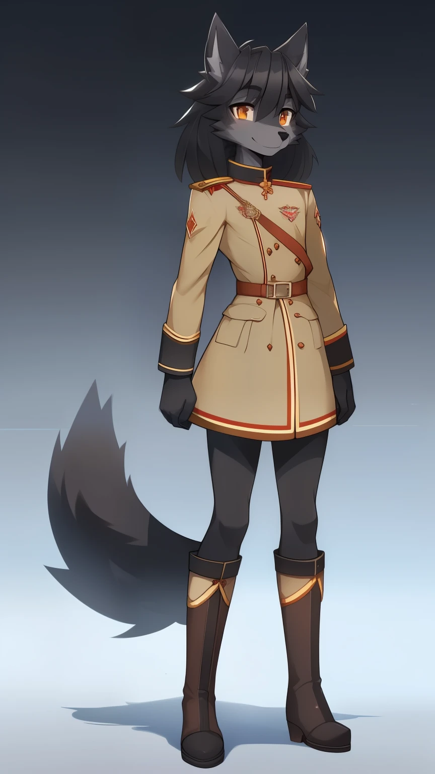 Best quality, Super detailed illustration, (furry wolf boy:1.4), (matte black fur color:1.4), feminine face and body, disheveled thick hair, old russian military clothing, ankle boots,  shy smile, Femboy, small waist, wide hips, Slim, Perfect body, full length