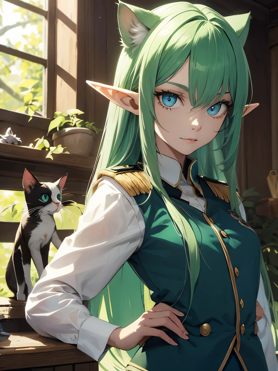 elf, with long green hair, wearing uniform, blue eyes, ((cat's eyes))