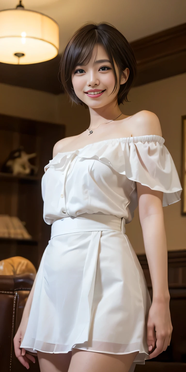 (8K,RAW Photos、RAW Photos、Highest quality、Masterpiece:1.2)、1girl、1Middle-aged men、Very detailed、Super Resolution、(Photorealistic:1.3)、((Shooting from below)),((Cowboy Shot:1.4))、((赤いソファに座っているgirl:1.4))、Clear depiction of light and shadow、High resolution raw color photos、A living room for professional photography:1.4)))、Draw faithfully to anatomy、Very detailed and beautiful、super high quality、ミディアムロングヘアのgirl:1.4))、((White color short sleeve off shoulder shirt:1.4))、((White short-sleeved off-the-shoulder chiffon dress:1.4))、((A white chiffon micro mini skirt that accentuates your thighs:1.4))、Upper Body、((smile:1.4))、