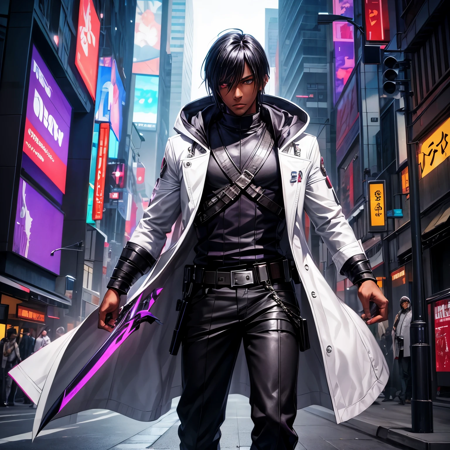 Young Male, Assassin, Hood, White Coat, Cyberpunk, Hidden Blade, Handsome, Dark Skin, Black Hair, Purple Eyes, 3D, Realistic, Tokyo City, Very Detailed, HD, 8K, Mastepiece, HDR