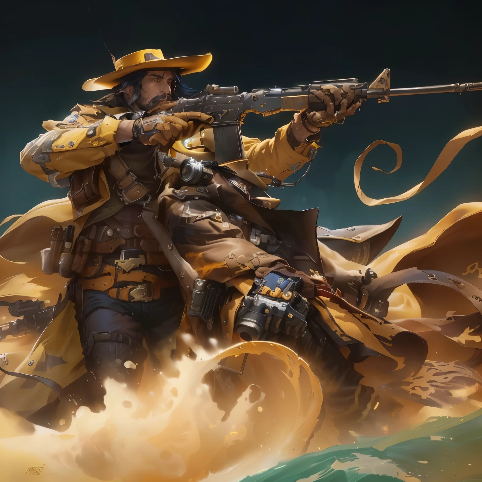 arafed man in a yellow hat and yellow coat holding a gun, the cowboy in the weird west, guilty gear strive splash art, overwatch splash art, jesse mccree, mccree from overwatch, post - apocalyptic cowboy, gunslinger, weird west, iconic character splash art, western gunslinger, the gunslinger, Artstation contest winner