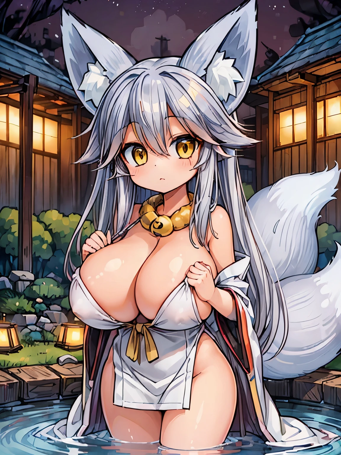 (fox kemono young girl:1.5), (silver long hair yellow eyes:1.1), (onsen:1.1), (huge :1.2), (solo:1.2)
