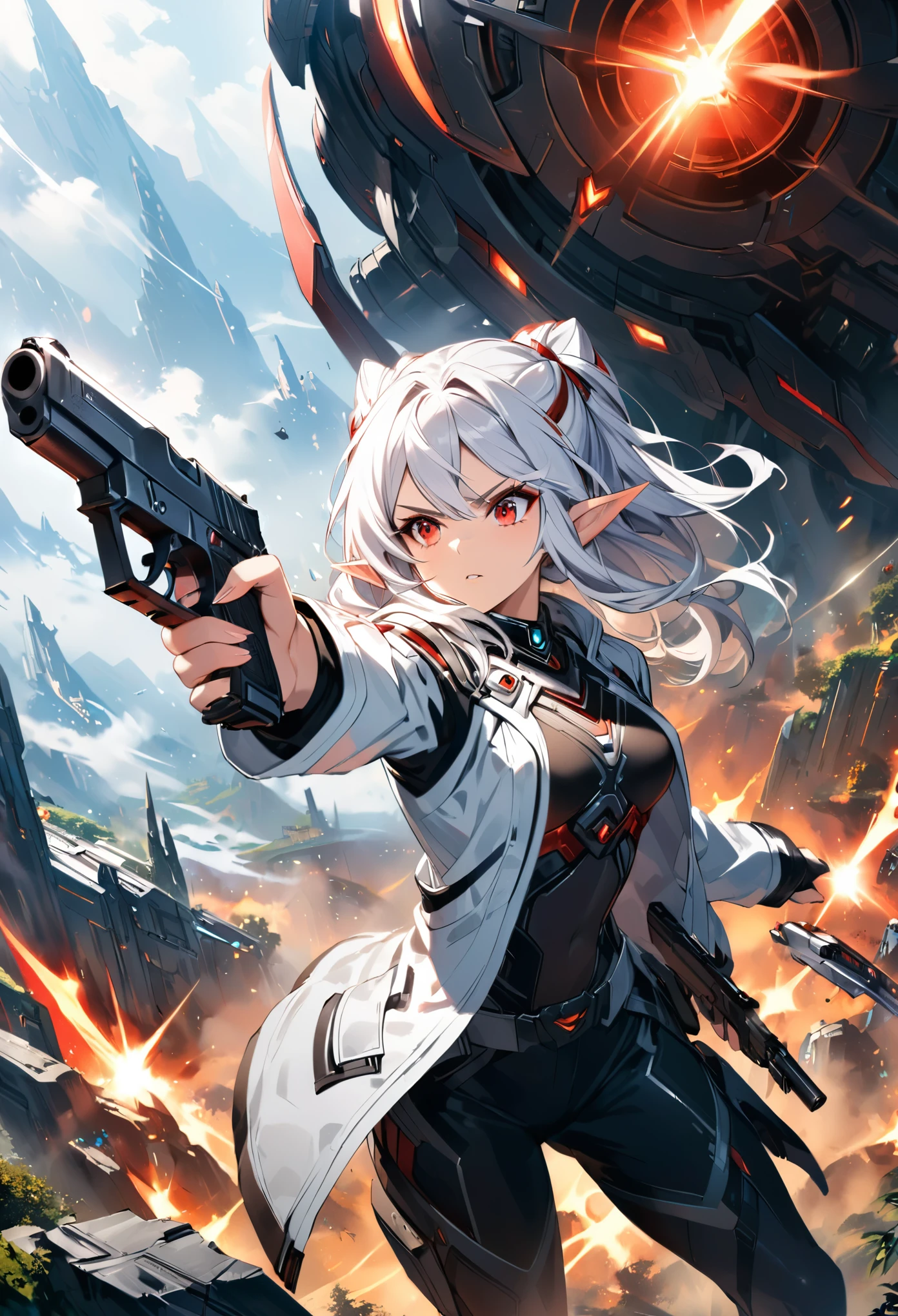 white hair, red eyes, elf ears, sci fi, white jacket, black pants, fantasy background, female, action shot, movie still, hand holding pistol
