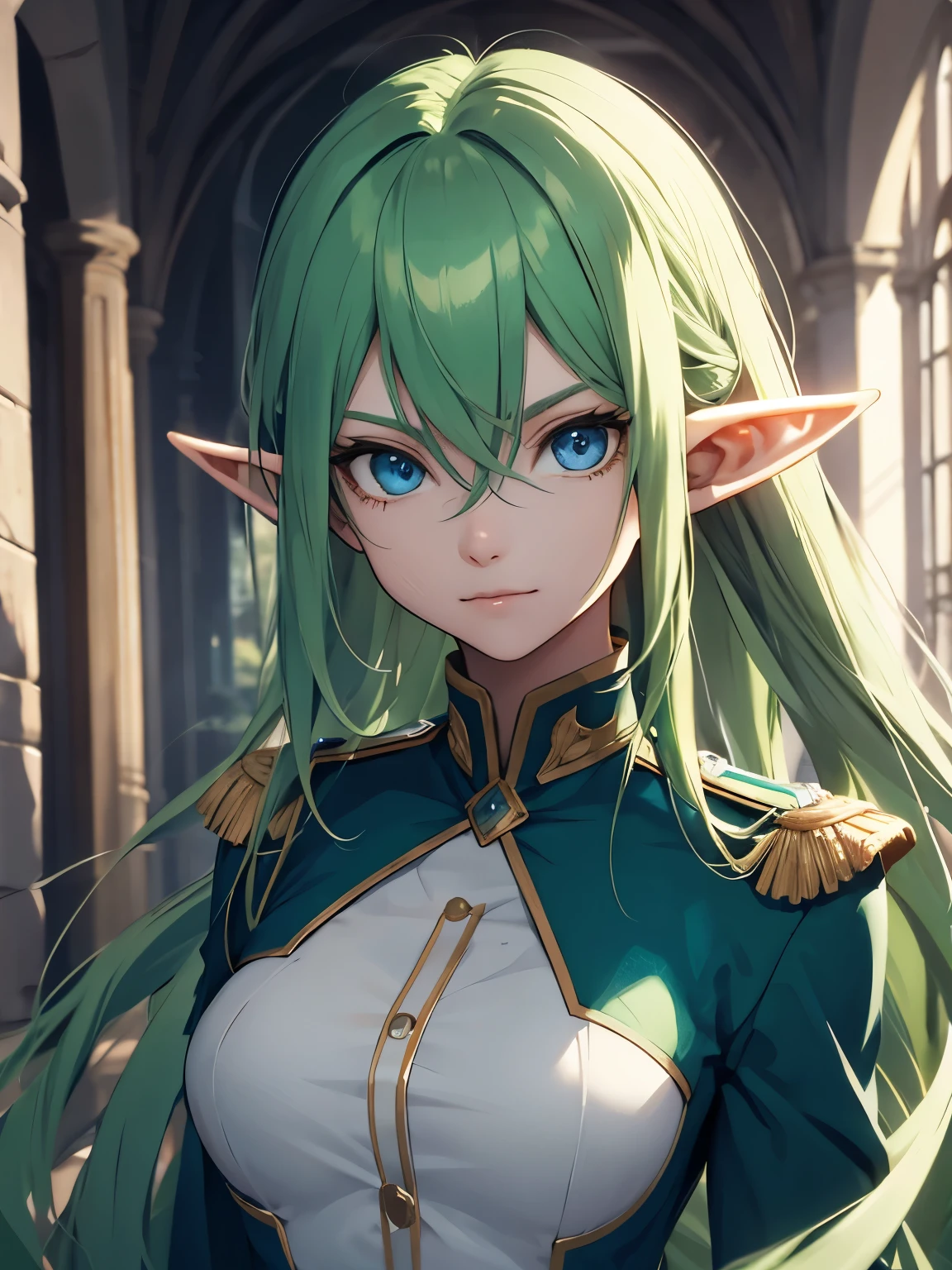 elf, with long green hair, wearing uniform, blue eyes, in florest