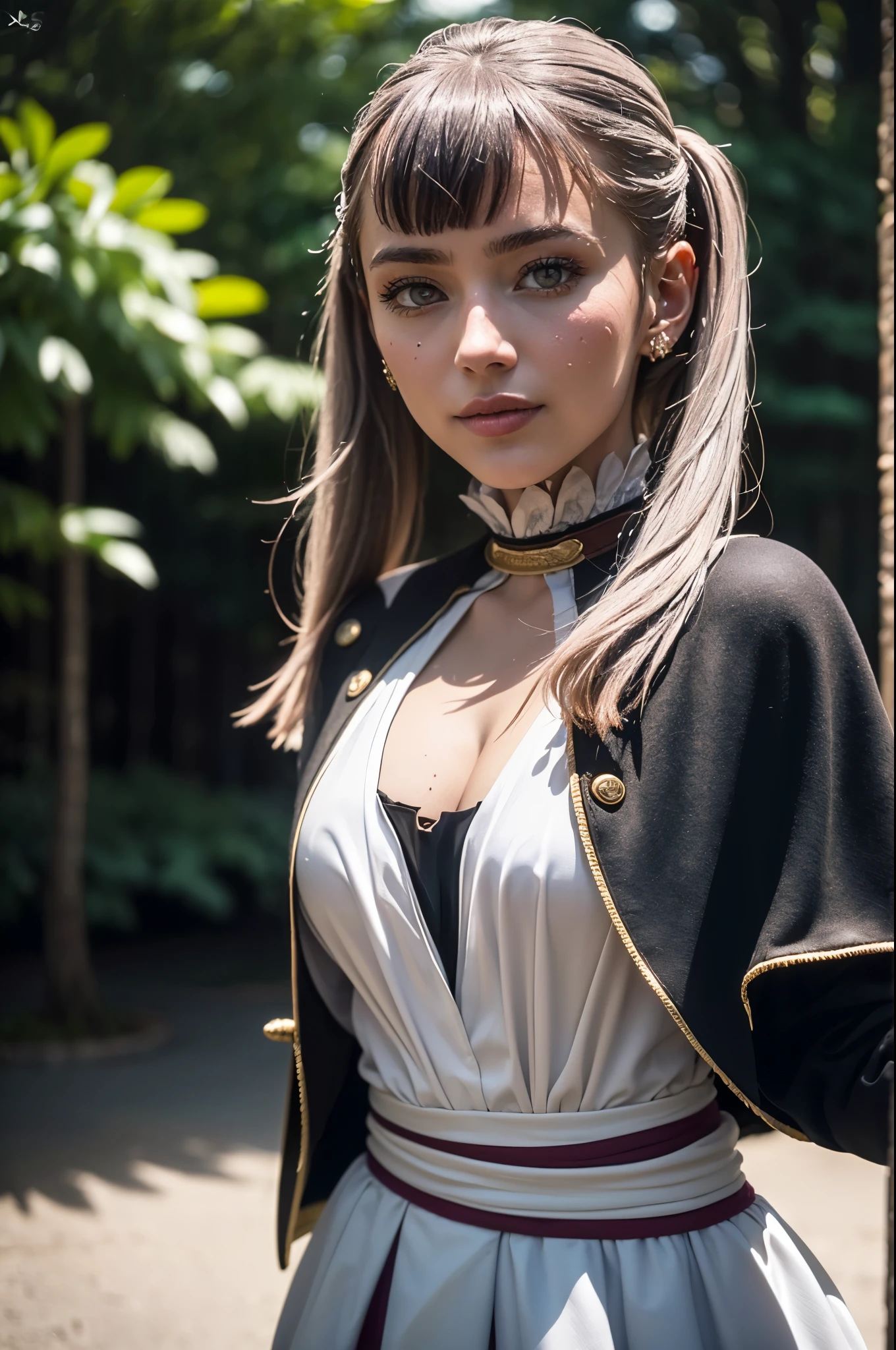 ((Masterpiece, high quality, high resolution:1.4), (standing:1.2), (full body), noelle_silva, long hair, twintails, bangs, earring, jewelry, silver hair, purple eyes, mage_dress, white dress, cleavage, capelet, black capelet, long sleeves, outdoors, nature, highly detailed skin, skin pores, (highly detailed face:1.2), (highly detailed eyes:1.2), realistic pupils:1.2, full face blush, full lips, (perfect anatomy:1.1), (perfect proportions:1.1), (photography:1.1), (photorealistic:1.1), volumetric lighting, dynamic lighting, real shadows, (highres:1.1), sharp focus, (realistic, hyperrealistic:1.4), intricate, high detail, dramatic, subsurface scattering, big depth of field, vivid, polished, sharpened, ((full Sharp)), (extremely absurdres),16k hdr,