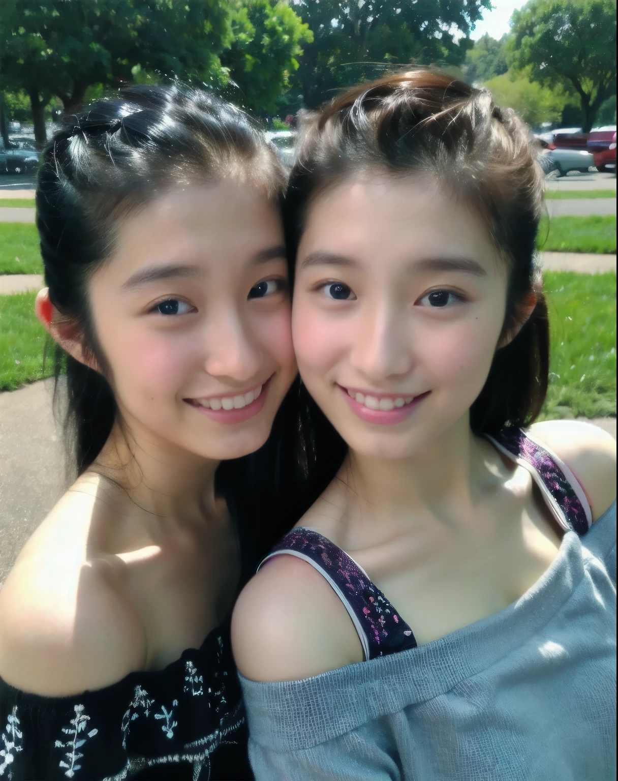 identical twin sisters kissing、very realistic，The most beautiful woman here，at the park，4086kbit，extreme details，real skin texture，blue off shoulder top、Yua Mikami，，Yui Aragaki，Mitami Hamabe