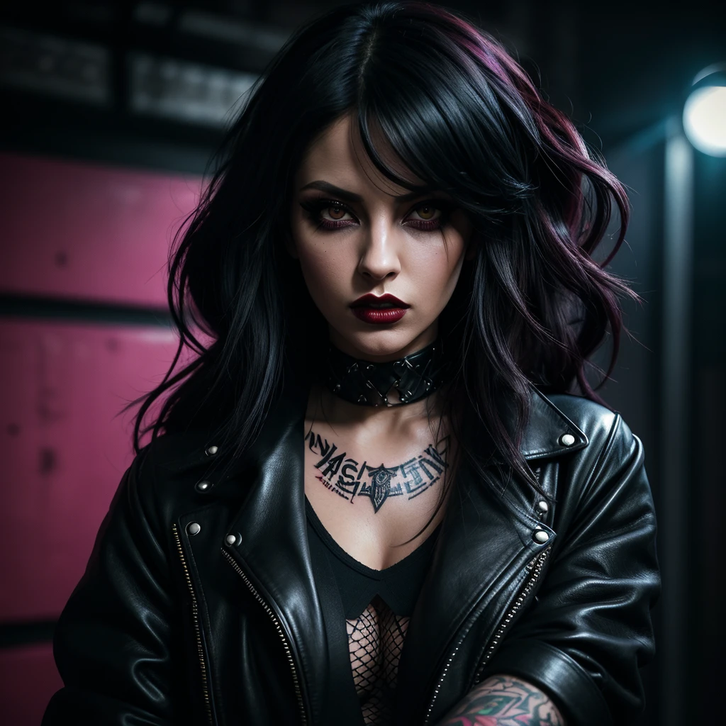 (Best quality,A high resolution:1.2),ultra detailed,Realistic,portrait,emo girl,craves sex,dark atmosphere,Spectacular lighting,thoughtful expression,Long dark hair,piercing eyes,Red lipstick,fishnet stockings,black leather jacket,tattooed arms,smoky eye makeup,punk rock atmosphere,grunge background,Powerful emotions,provocative pose,Colorful neon lights,Edgy style,Bright colors,flawless skin,expressive face,Furious Energy,Sensual Aura,Feminine power,confident attitude,rebellion against the norms of society,elegantly rebellious,vulnerable, But powerful,celebration of individuality,modern Art (perfect details:1.1), (nice and clear background:1.2), (Extremely detailed computer graphics, ultra detailed, best shadow:1.1), (finely detailed beautiful eyes)