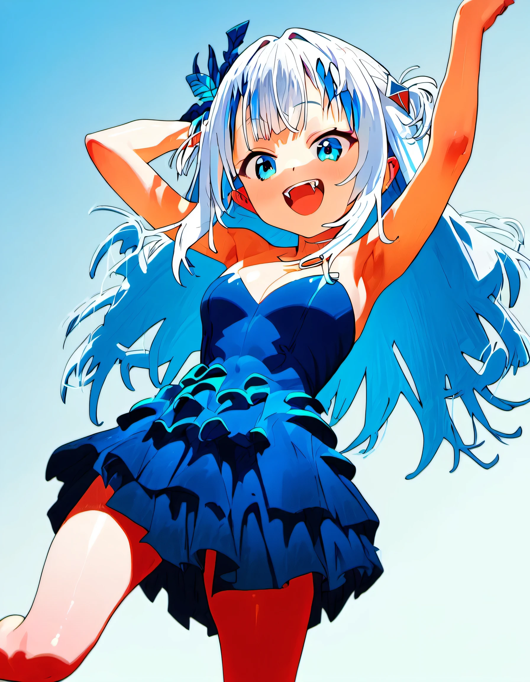 score_9 score_8_up, score_7_up, score_6_up, score_5_up, score_4_up, score_8_up, score_7_up, score_6_up, score_5_up, score_4_up, 1girl, source_anime, white hair, blue bangs, blue wear, gawr gura, (gawr_gura from hololive), dancing, happy, big smile, fangs