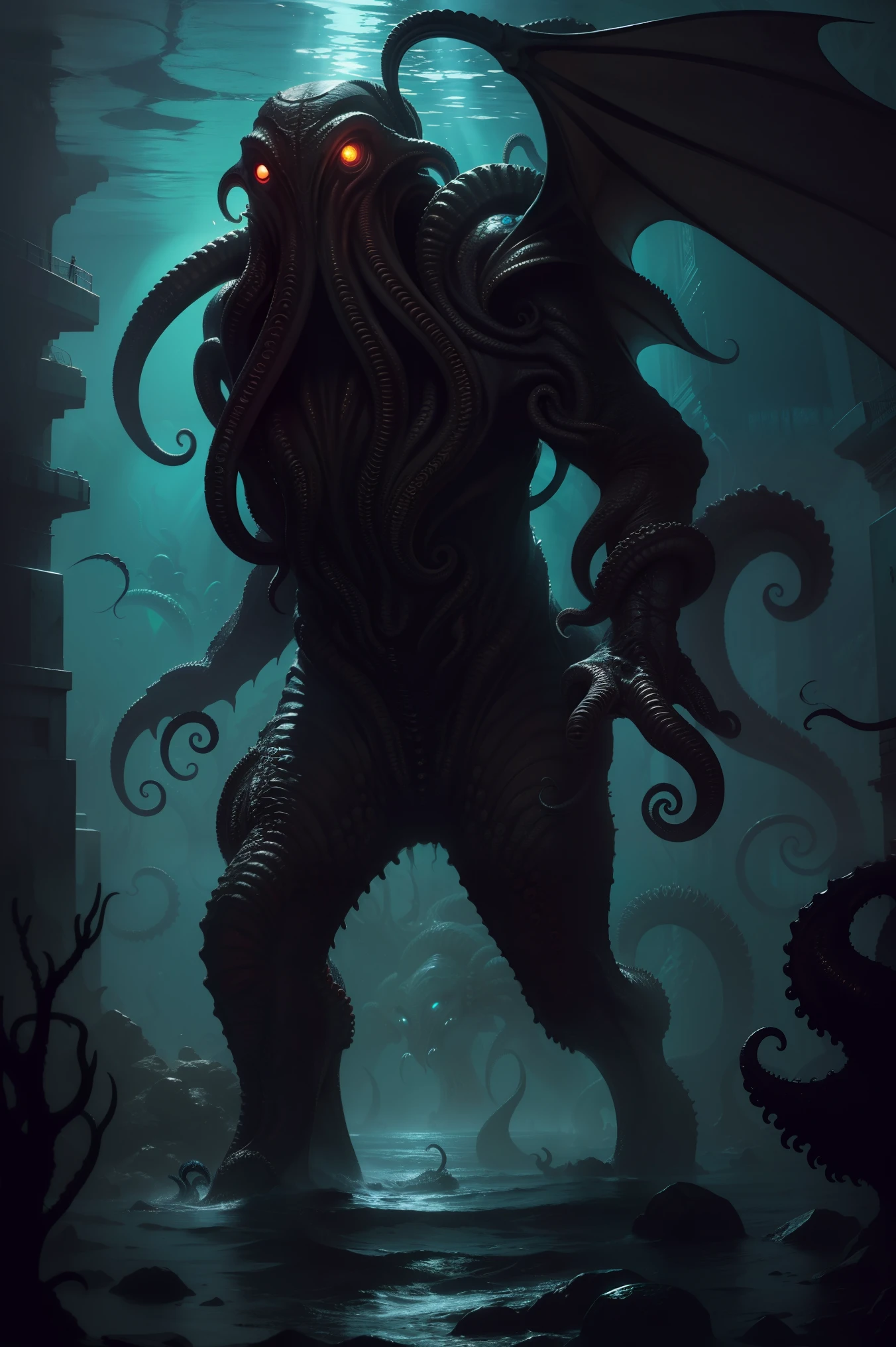 best quality, masterpiece, official art, realistic, (Cthulhu Mythos art, huge creature:1.3), deep sea, underwater,