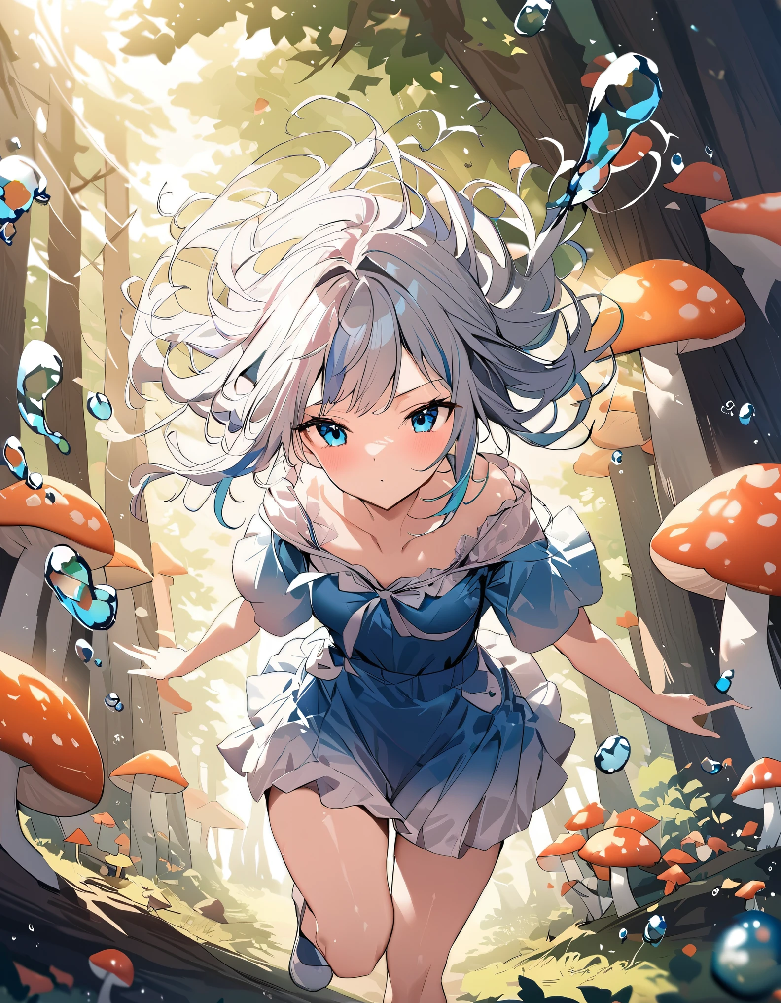 (masterpiece), (best quality), (ultra detailed),(disheveled hair),(illustration), (1girl), beautifuldetailedeyes,delicate beautiful face,Floating,(high saturation),(colorful splashes),colorful bubble,(shining),focus on face, walking in a forest full of colorful mushrooms