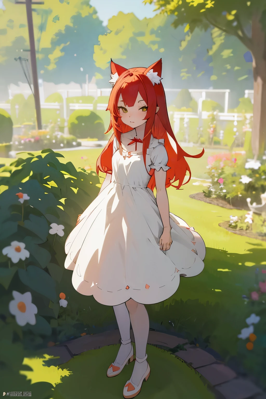 Anime cat ears girl in a white dress standing in the garden, wear a dress and have breakfast, small curvaceous , artwork in the style of Gweiz, Gweiz on pixiv artstation, Gweiz on artstation pixiv, Gweiz, , soft anime illustration, Anime visuals of cute girls, detailed digital anime art.red hair