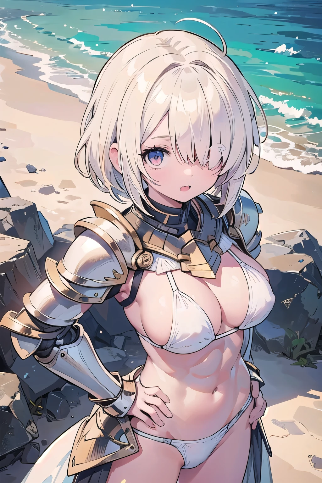 (masterpiece:1.2), (highest quality:1.2), Upper body, perfect eyes, perfect face, perfect lighting, desert Upper body, big breasts ((((white bikini armor)))), nsfw, , 1 boy,blonde red eyes, ((((((hair over one eye,)))))), single braid, side braid, spike hair, dull bangs, bob hair, Ahoge, cute eyes looking at the viewer ((From above)), ((abs)), Are standing, (fang), hands on hips