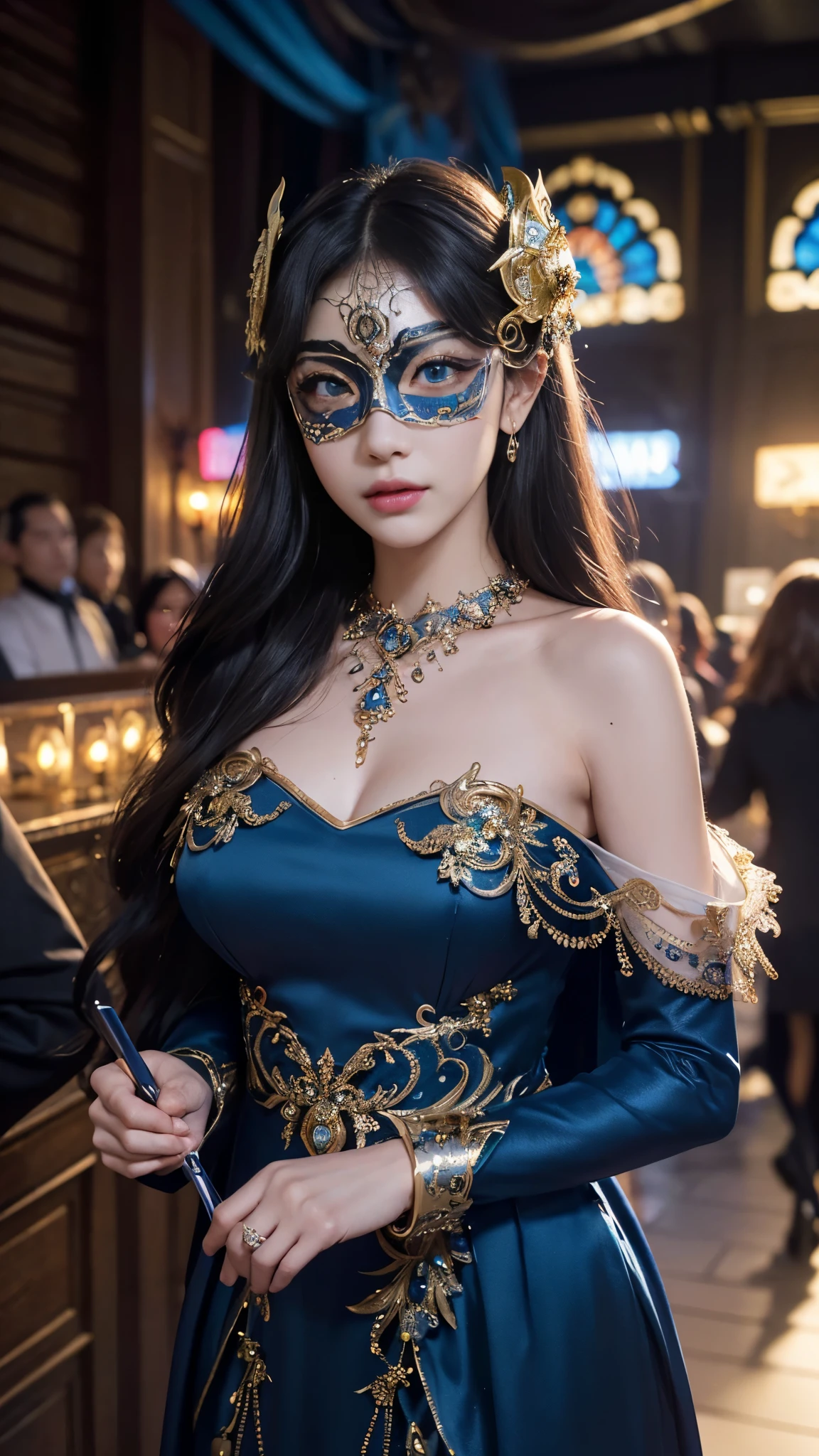 (highest quality、16k、masterpiece、realistic、Super detailed、Beautiful in every detail、ray tracing)、photograph、break,(and soul)、1 girl、((beautiful hair))、hair length、((blue eyes、gradient eyes、sparkling eyes))、bright eyes、((Luxurious sequin masquerade mask))、(gorgeous mask)、(((Masquerade mask that covers from forehead to nose)))、((big mask))、finely tuned、expressive eyes、((smile))、gorgeous maxi dress、give off a bewitching look、luxury accessories、Super detailed、BREAK, dim、Spotlight、suspicious atmosphere、(((At the masquerade venue)))、snap shot