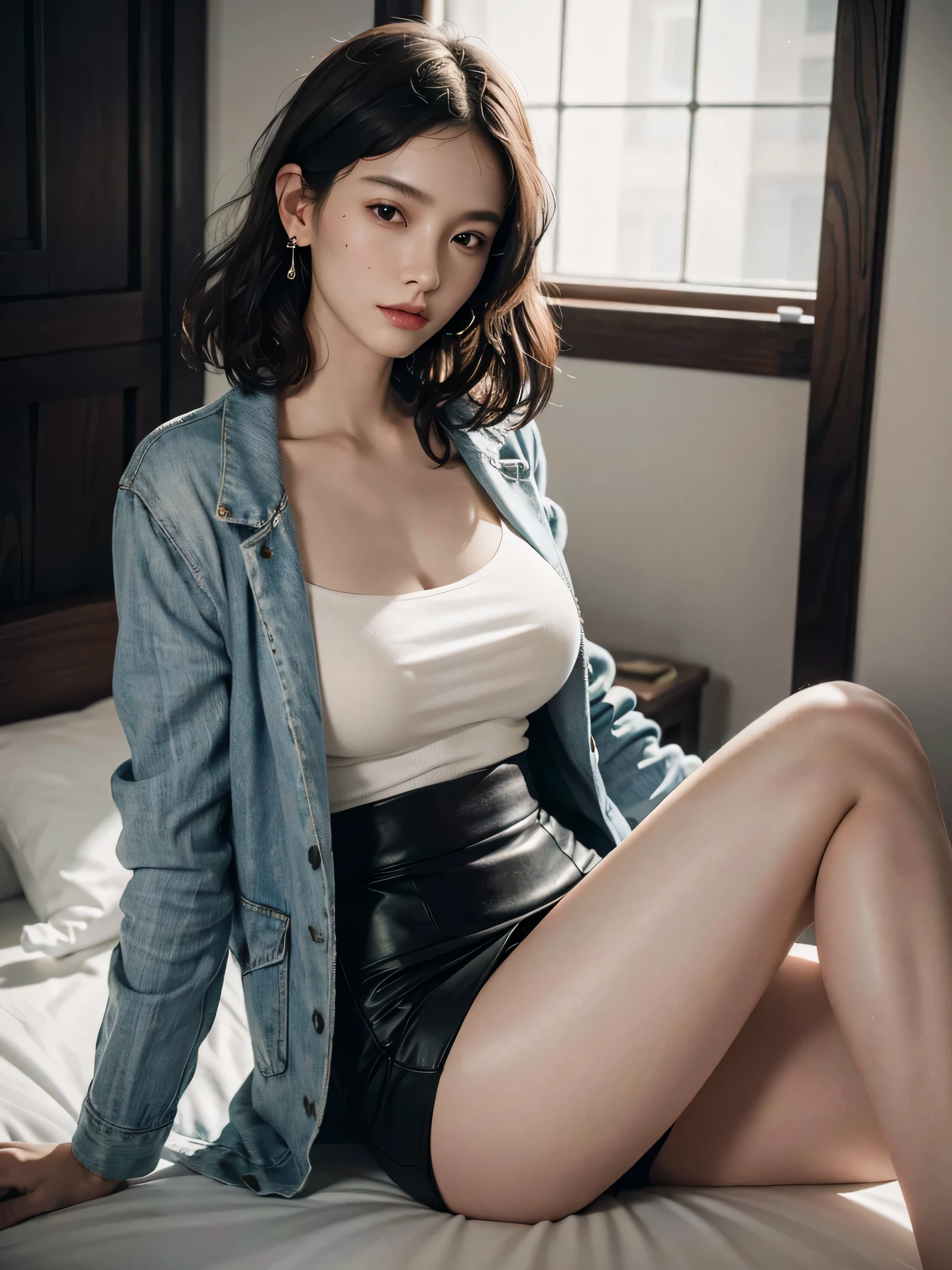 disorganized, RAW photo, very delicate and beautiful, masterpiece, highest quality, ultra high resolution, 32K, surreal, super detailed, perfect anatomy, perfect figure, super dense skin, Highly detailed CG 8k wallpaper, 20's, very slim body, tight waist, very small head, very small face, delicate facial features, tearful mole, earrings, thin legs, (very huge round breasts:1.2), full body shot, 1 girl, short hair, (wavy hair:1.2), Jacket, short pencil skirt,