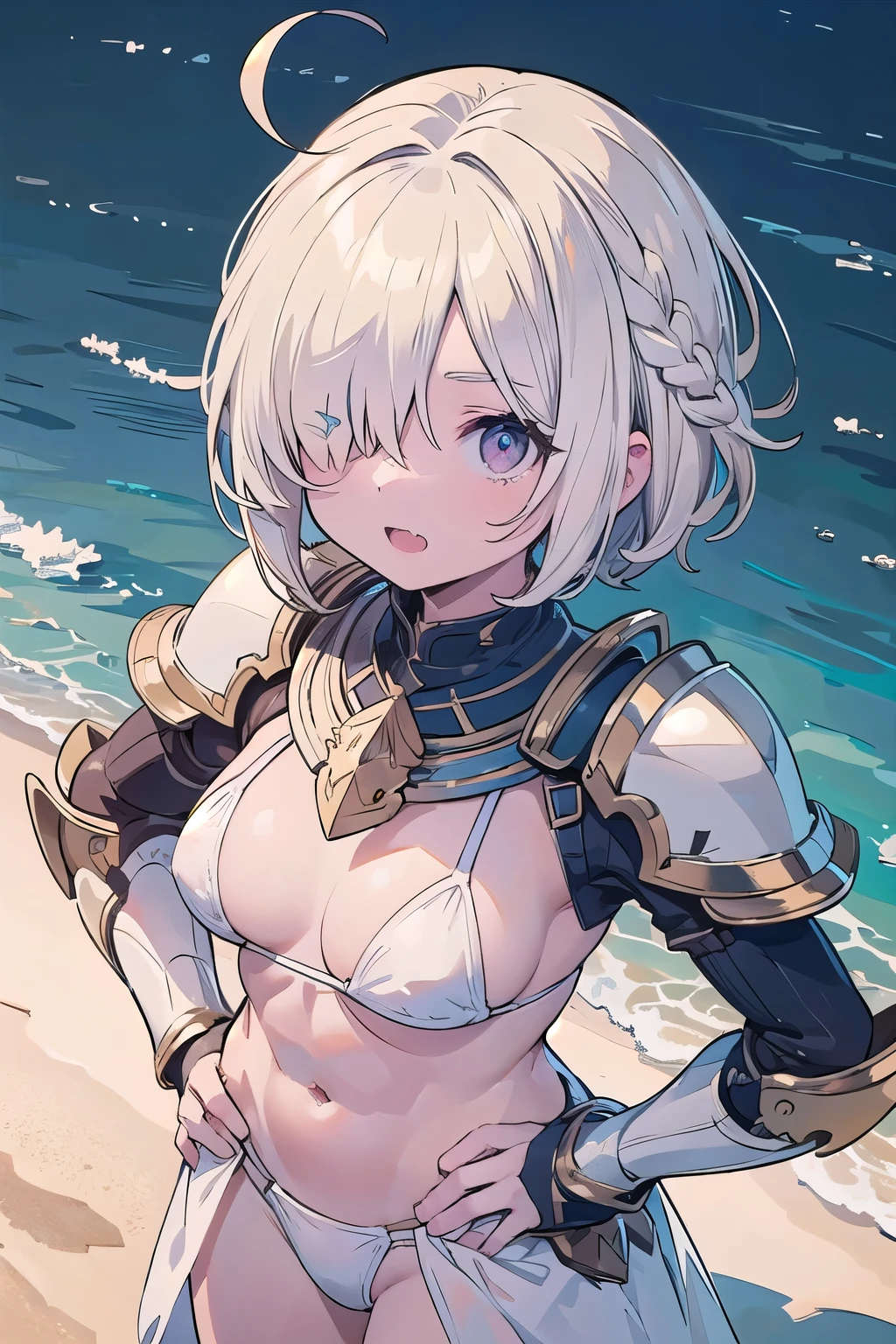 (masterpiece:1.2), (highest quality:1.2), Upper body, perfect eyes, perfect face, perfect lighting, desert Upper body, big breasts ((((white bikini armor)))), nsfw, , 1 boy,blonde red eyes, ((((((hair over one eye,)))))), single braid, side braid, spike hair, dull bangs, bob hair, Ahoge, cute eyes looking at the viewer ((From above)), ((abs)), Are standing, (fang), hands on hips
