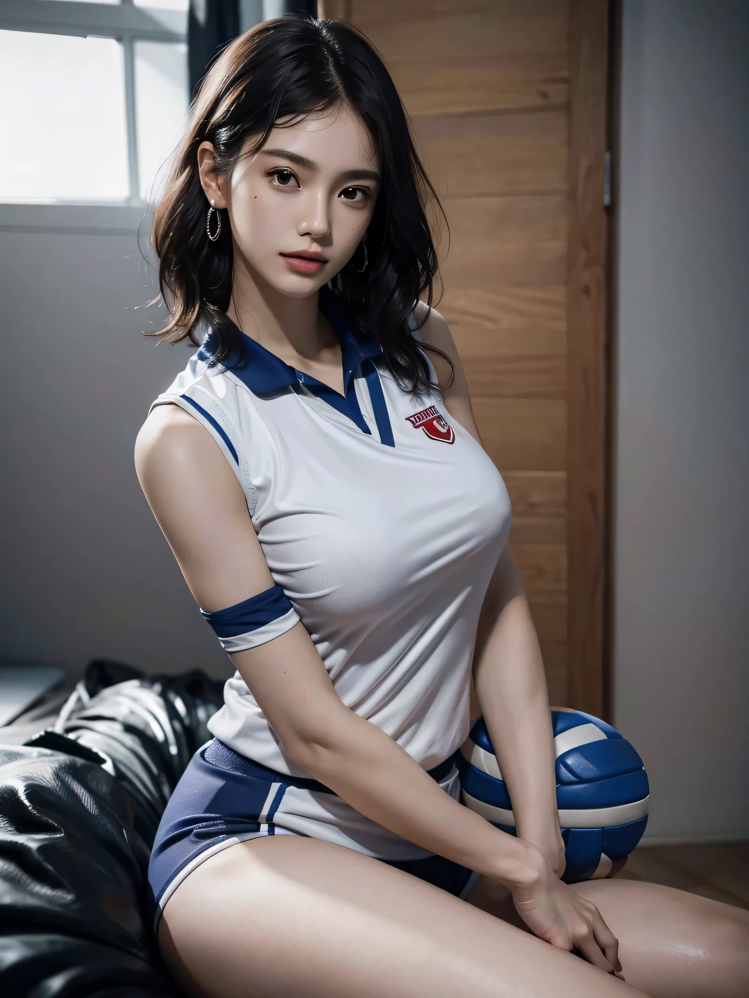 disorganized, RAW photo, very delicate and beautiful, masterpiece, highest quality, ultra high resolution, 32K, surreal, super detailed, perfect anatomy, perfect figure, super dense skin, Highly detailed CG 8k wallpaper, 20's, very slim body, tight waist, very small head, very small face, delicate facial features, tearful mole, earrings, thin legs, (very huge round breasts:1.2), full body shot, 1 girl, short hair, (wavy hair:1.2), (volleyball uniform:1.2),