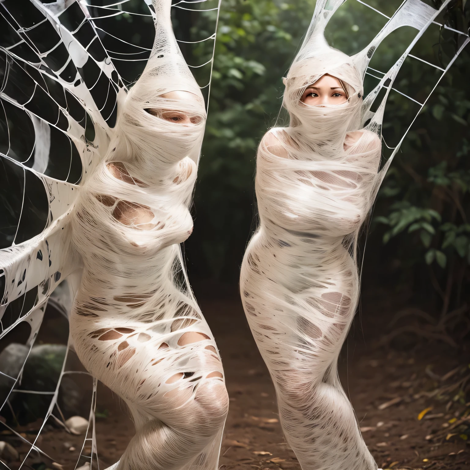 a girl entangled in the spider web, struggle, detailed classroom, (cocoon:1.3), spider web, hanging, spider in the web, spider