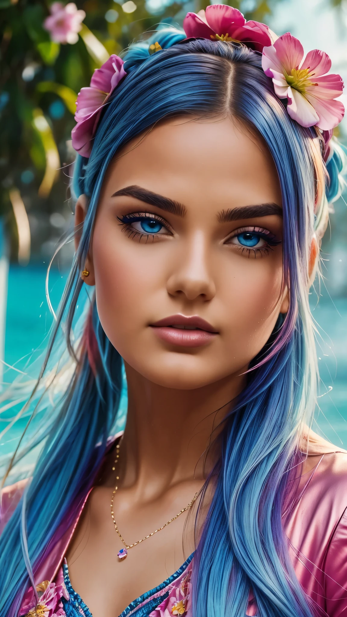 (masterpiece), (best quality), (ultra detailed),(disheed hair),(illustration), (1girl), (Fashionable clothing), standing, Fashion model, looking at viewer, seductive look, (interview), (simple background), Beautiful detailed eyes, delicate beauty, floating, (high saturation), (colorful splash), colorful bubbles, (shine), focus on the face, ponytail, Alex Less, light blue hair, bangs, scrunchies, floating flowers, flowing hair, (shiny), best lighting, best shadows, perfect hands