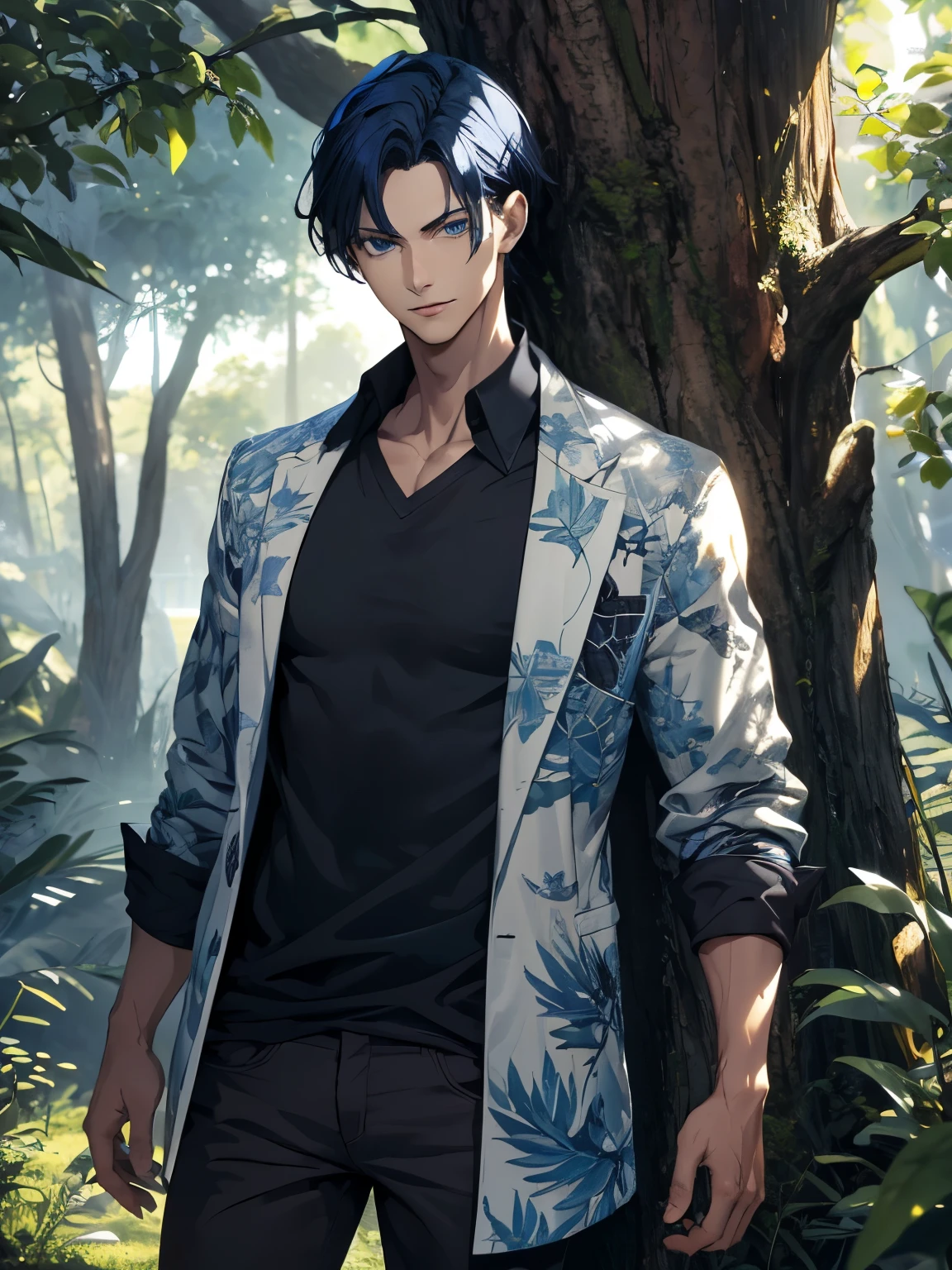 tall boy, dark blue hair, defined body, black shirt, tree print, blue eyes, fantasy world