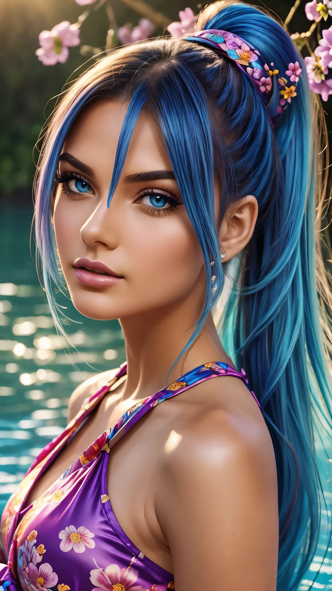 (masterpiece), (best quality), (ultra detailed),(disheed hair),(illustration), (1girl), (Fashionable clothing), standing, Fashion model, looking at viewer, seductive look, (interview), (simple background), Beautiful detailed eyes, delicate beauty, floating, (high saturation), (colorful splash), colorful bubbles, (shine), focus on the face, ponytail, Alex Less, light blue hair, bangs, scrunchies, floating flowers, flowing hair, (shiny), best lighting, best shadows, perfect hands