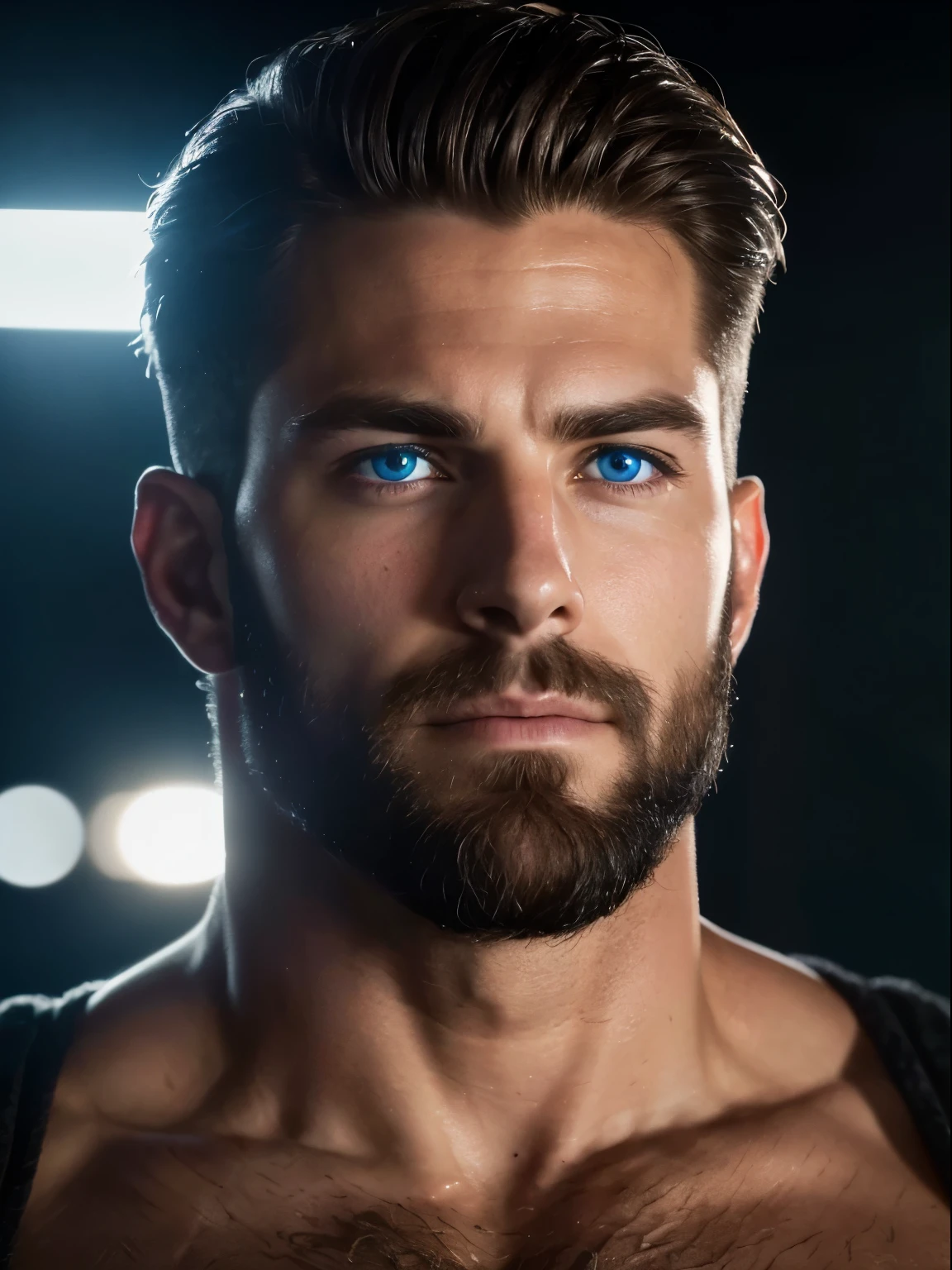 Full shot, face portrait, Gorgeous American Man, Aged23, hairy body, Strong Jaw line, Alpha male, handsome, 4k, high detailed, beautiful, 8 k lighting, 4k extremely photorealistic, uhd 4k highly detailed, (realistthereal lighting, ultra-high res.photorealistic:.1.4, (high detailed skin:1.2), 8k uhd, dslr, high quality, (best quality) (detailed) (cinematic lighting) (sharp focus) (intricate) ultra realistic, bright shiny blue eyes