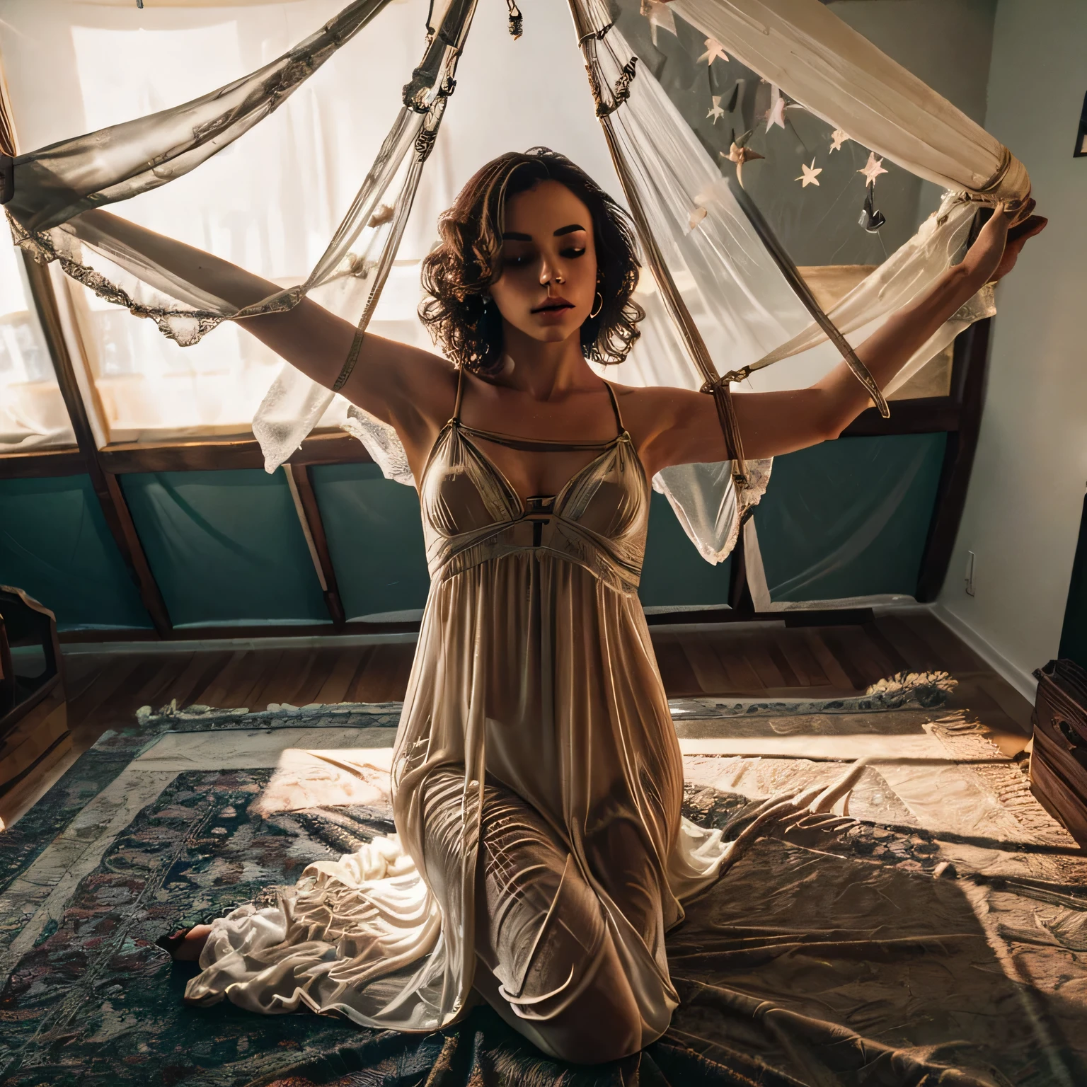 1girl,(bright lighting,romantic setting),dreamy background,,dark hair, mesmerizing gaze, , soft skin, alluring beauty, artistic portrait, high-quality image, vibrant colors,translucent long silk gown, mosquito net, lying down, romantic bedroom, sidesuspension