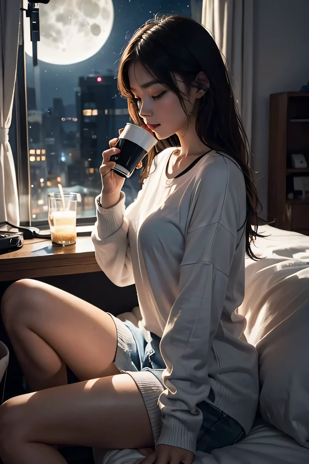 young woman listening to music in her room sitting in and drinking coffee admiring the night of the full moon