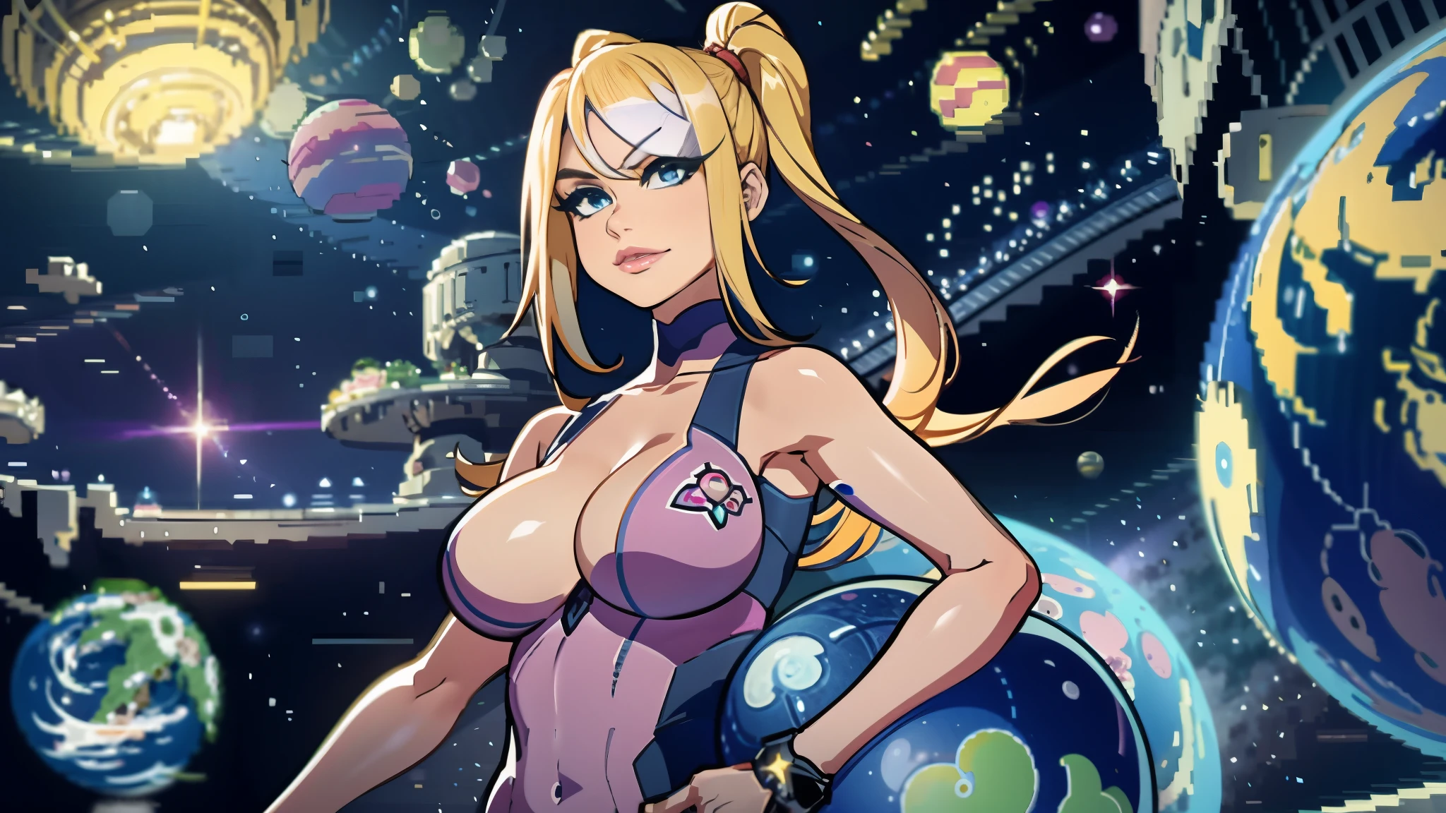 Create a mesmerizing 4K pixel art image for a YouTube banner featuring Samus Aran from Metroid. The scene is set on a planet within the solar system, with perfect pastel-colored lighting that enhances the ambiance. Samus should be depicted without her suit, showing her entire body in exquisite detail. Ensure that the pixel art captures the beauty and essence of Samus in this breathtaking planetary environment.