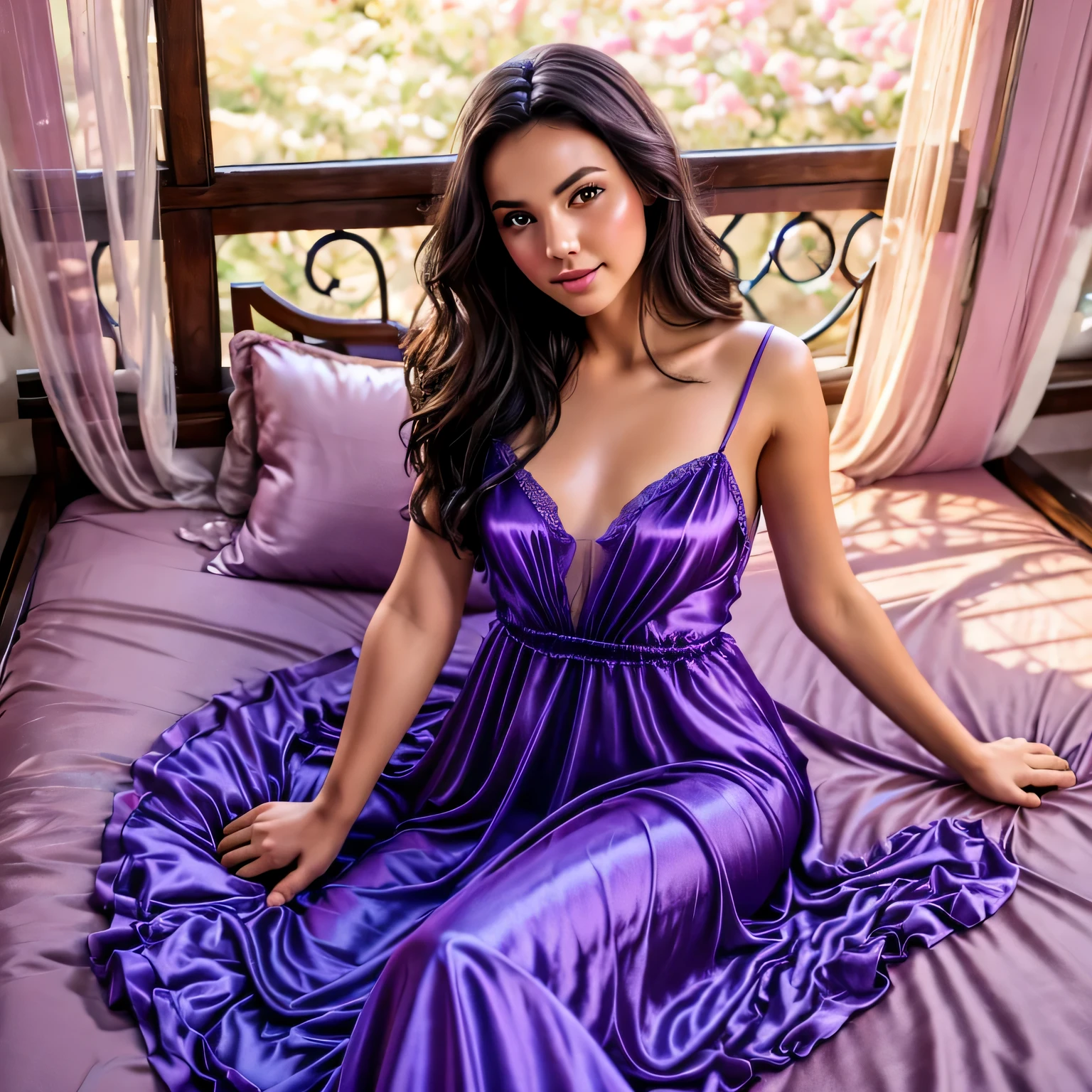 1girl,(bright lighting,romantic setting),dreamy background,,dark hair, mesmerizing gaze, , soft skin, alluring beauty, artistic portrait, high-quality image, vibrant colors,translucent long silk gown, mosquito net, lying down, romantic bedroom, 