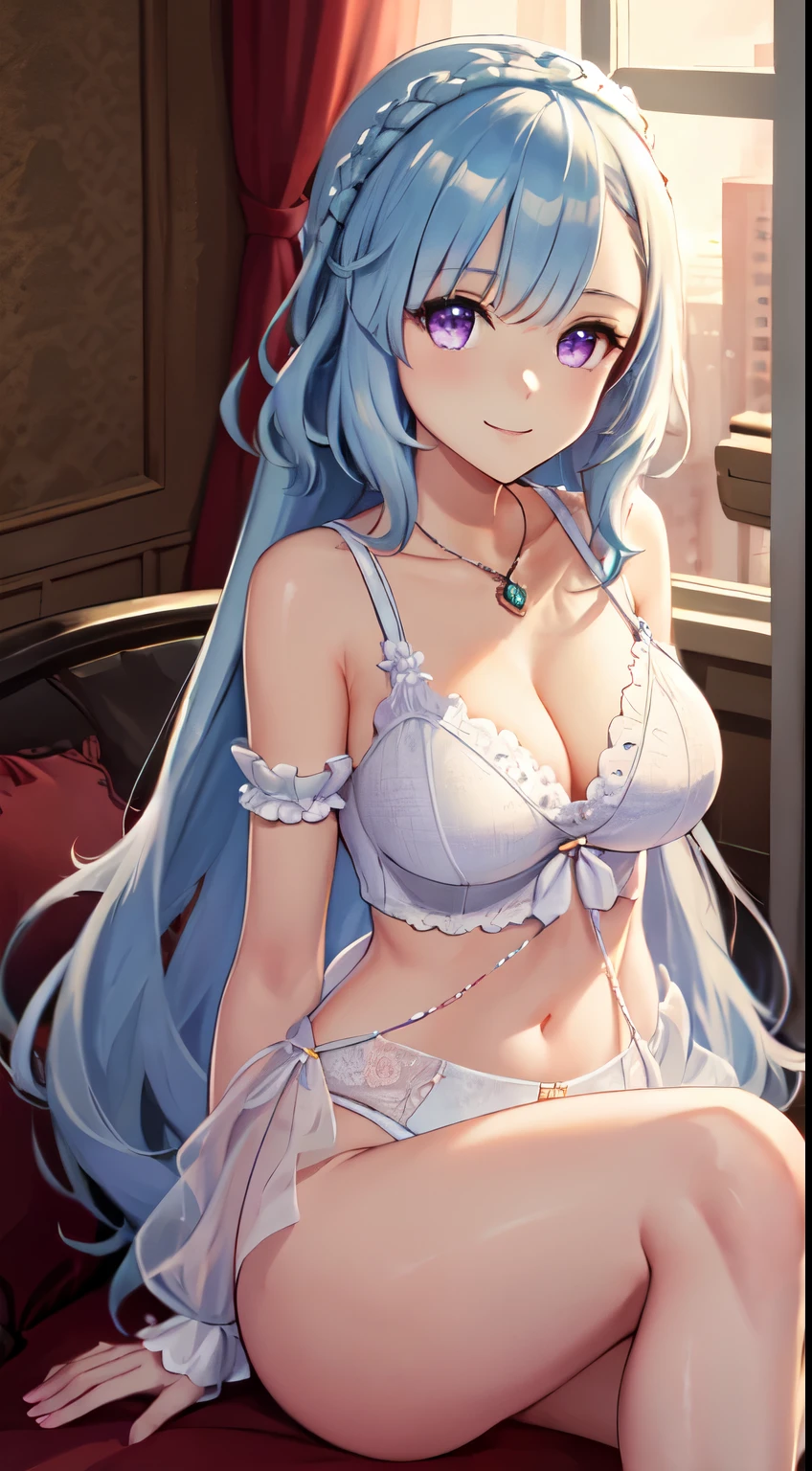 ((masutepiece)), ((Best Quality)), (Ultra-detailed), ((kawaii)), Cute, (lovely), ((Sexy)), (Ero), ((Extremely detailed)), 4K, (8K), Best Quality, (Beautiful), Anime style, Dynamic Angle, Upper body, from below looking up, full body focus, Western-style room, sofa, morning, Cute  s, 1girl in, Solo, (((undergarment))), (((Marl))), Beautiful light brown hair, Beautiful purple eyes, ((Beautiful eyes)), White-skinned, Long hair, Transparent hair, translucent hair, large full breasts, Necklace, lightsmile, Lens Flare, shiny-glistening, gleaming