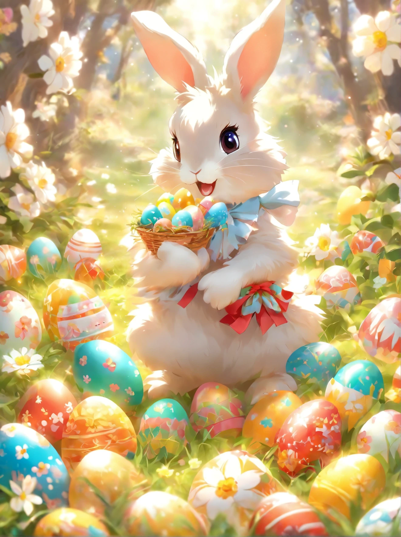 Very beatiful easter rabbit, with eggs and presents, best quality, extremely cute, extremely detailed ,flowers in spring