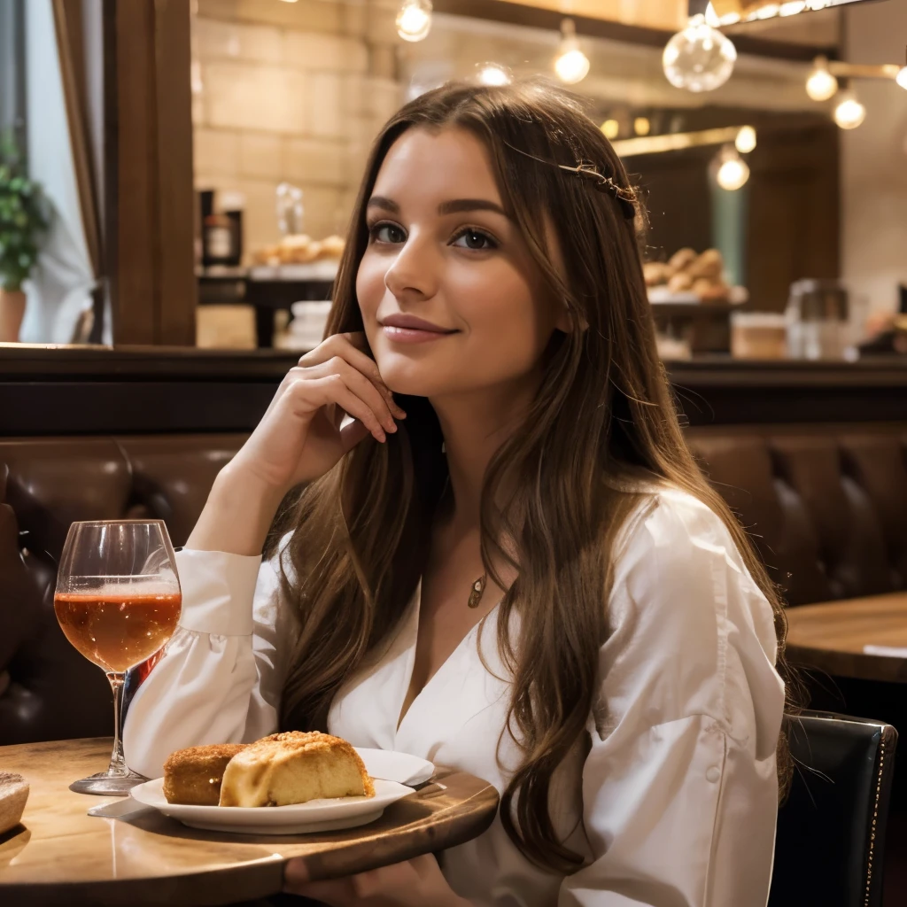 Realistic photography, Bianca (Femme, 28 ans, long wavy brown hair), (perfect perfect eyes without flaws), assise dans un restaurant, restaurant parisien, sitting in a restaurant with a beautiful plate in front of her lit by the night light. batiments chics, personnes a table derrière, chic dressed waiters, (grand angle de vue), illuminated by night light. (mains parfaites), light on her, angle de photo sur le côté.Une élaboration sur Bianca, s&#39;right in the middle of a lively restaurant, adorned with&#39;Fully dressed, tenue chic, baskets, La décoration de l&#39;vue, restaurant et décoration à couper le souffle ajoutent un charme festif à la scène.. doux, natural light illuminates the woman, projetant une lueur chaleureuse sur la femme. L&#39;atmosphère respire la joie et l&#39;holiday elegance, capturer un moment serein et joyeux. Photo prise par Emma Jackson avec un Nikon D850 et un objectif 50 mm, capturing natural nighttime light that adds warmth and vibrancy to festive decor, 8K, Ultra HD, super-resolution. --dans ５ --q 2