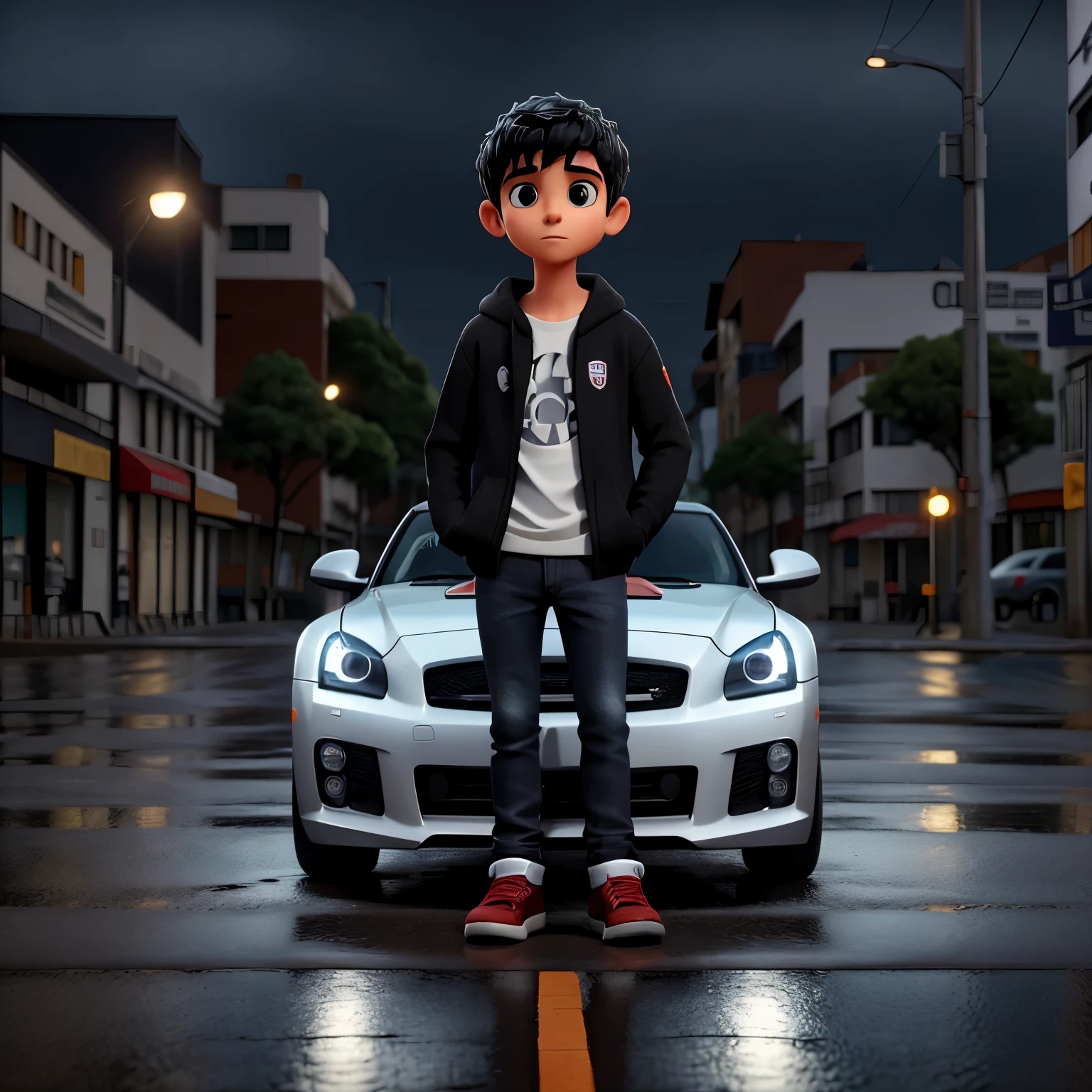 Descreva a cena de um jovem com capuz, wearing a black sweatshirt and jeans, standing on the sidewalk on a rainy night. He is looking at a shiny GTR R35 car passing on the road., Your admiration visible in your eyes. The light from the headlights reflects on the puddles of water around you, enquanto a chuva cai suavemente sobre ele. O som do motor potente ecoa no ar, misturando-se ao som da chuva. The boy remains motionless, captured by the elegance and speed of the car, dreaming of the day when you can be behind the wheel of such an impressive machine.