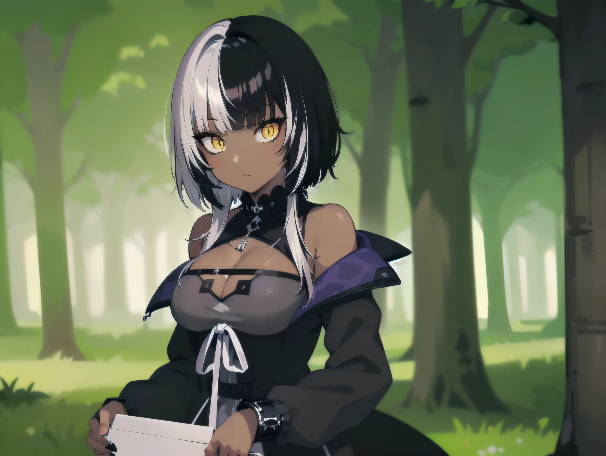 Concept art, ((CG)), ((1girl)), , ((((dark skin)))), ((((short white hair)))), (((blunt bangs))), yellow eyes, ((heterocromia)), ((cabelo emaranhado)), ((((sonolenta)))), desleixada, ((melhor qualidade)), ((brava)), (((black dress))), ((obra de arte)), ((((black cloack)))), (detalhado), rosto perfeito, ((style novel)), cores beautiful, ((((anime_collors)))), ((in Forest)).