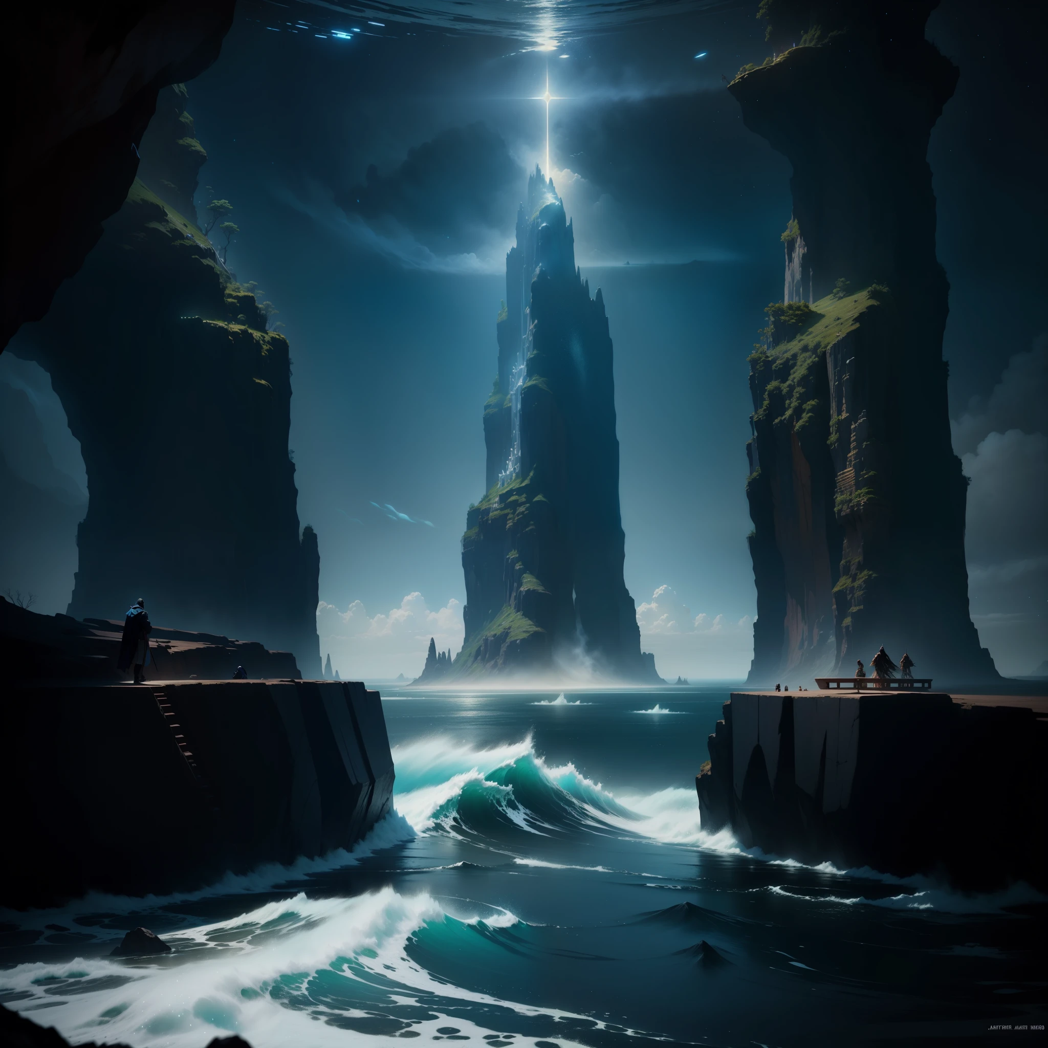 there is a large body of water with a cross, Arte de fantasia de Jessica Rossier, by Jessica Rossier, inspired by Jessica Rossier, mystical science fiction concept art, epic sci-fi digital art, epic matte painting of an island, arte conceitual 8k, Pintura fosca 8K, Pintura fosca 8k, James Gurney e Andreas Rocha
